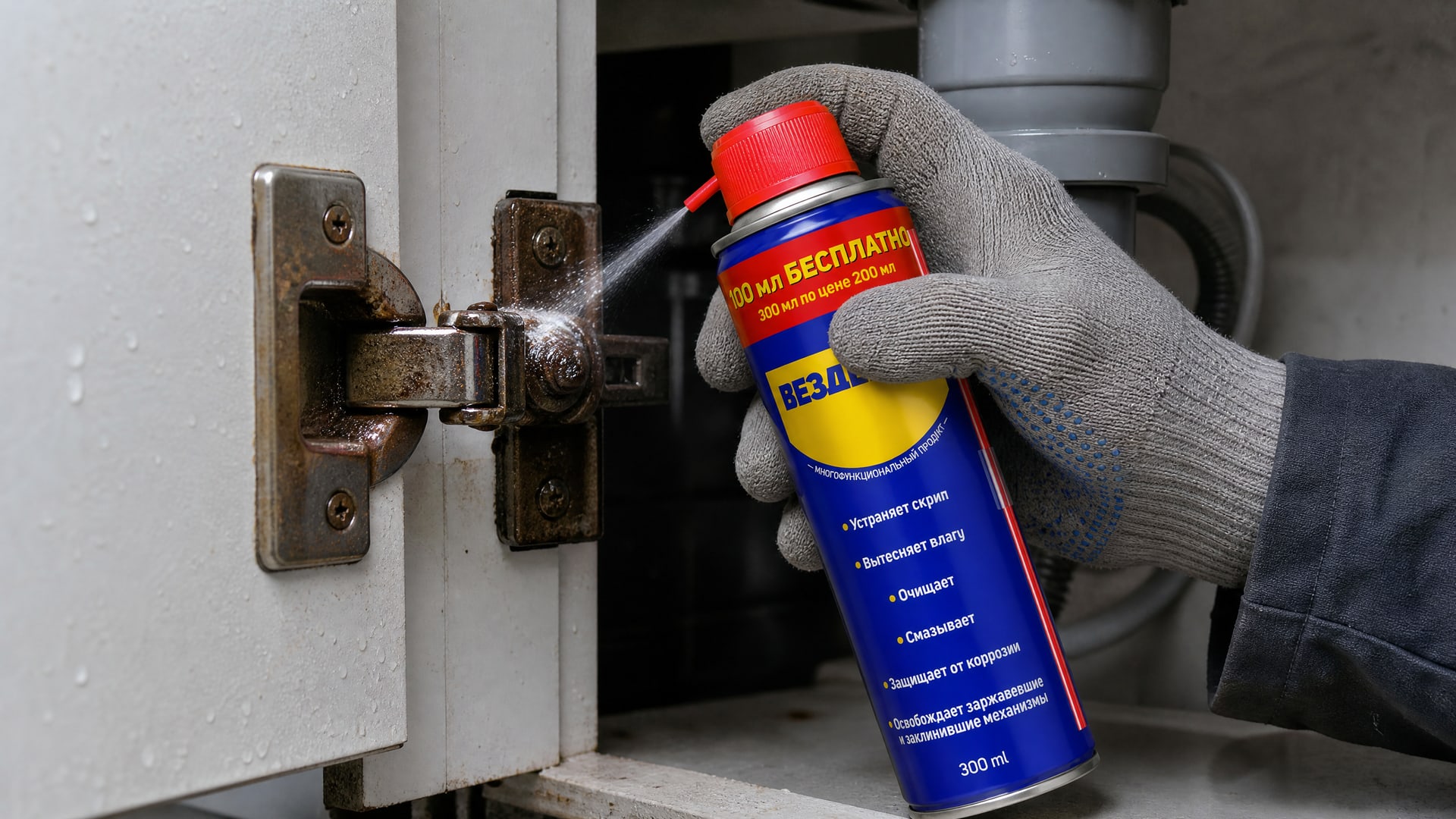 Рука в перчатке наносит универсальную смазку WD40 на болт.