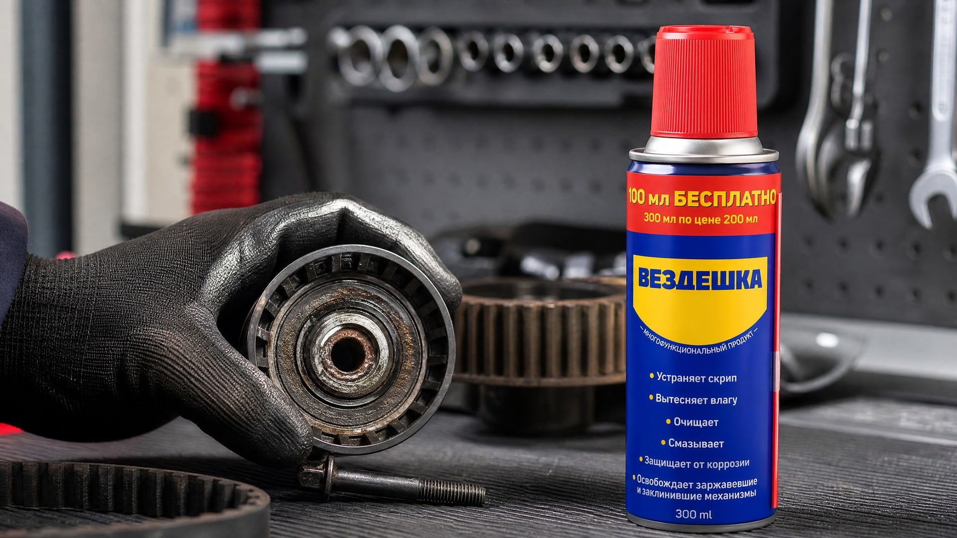 Рука в перчатке наносит универсальную смазку WD-40.