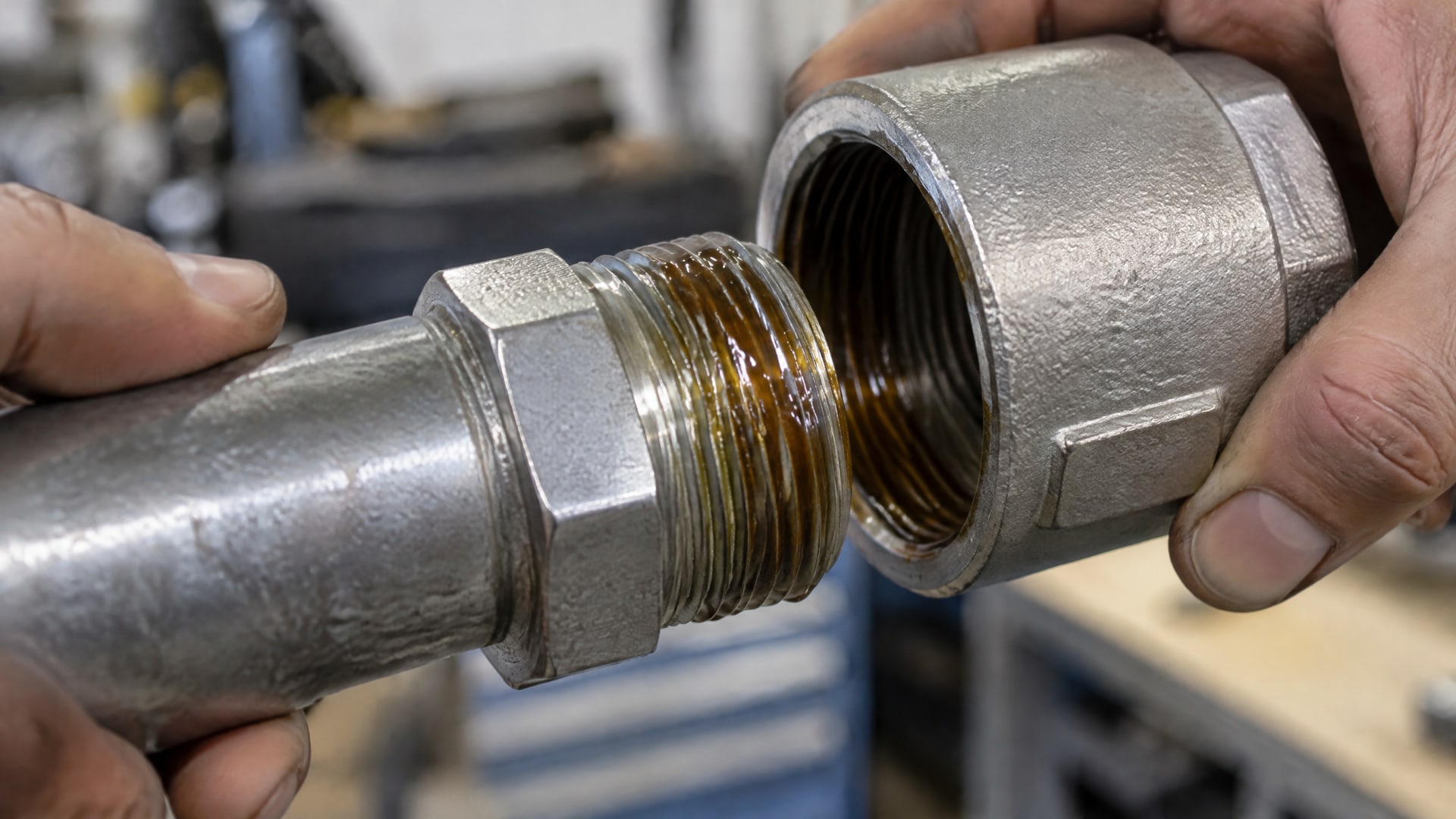 Герметик высокотемпературный заполняет резьбу металлического соединения.