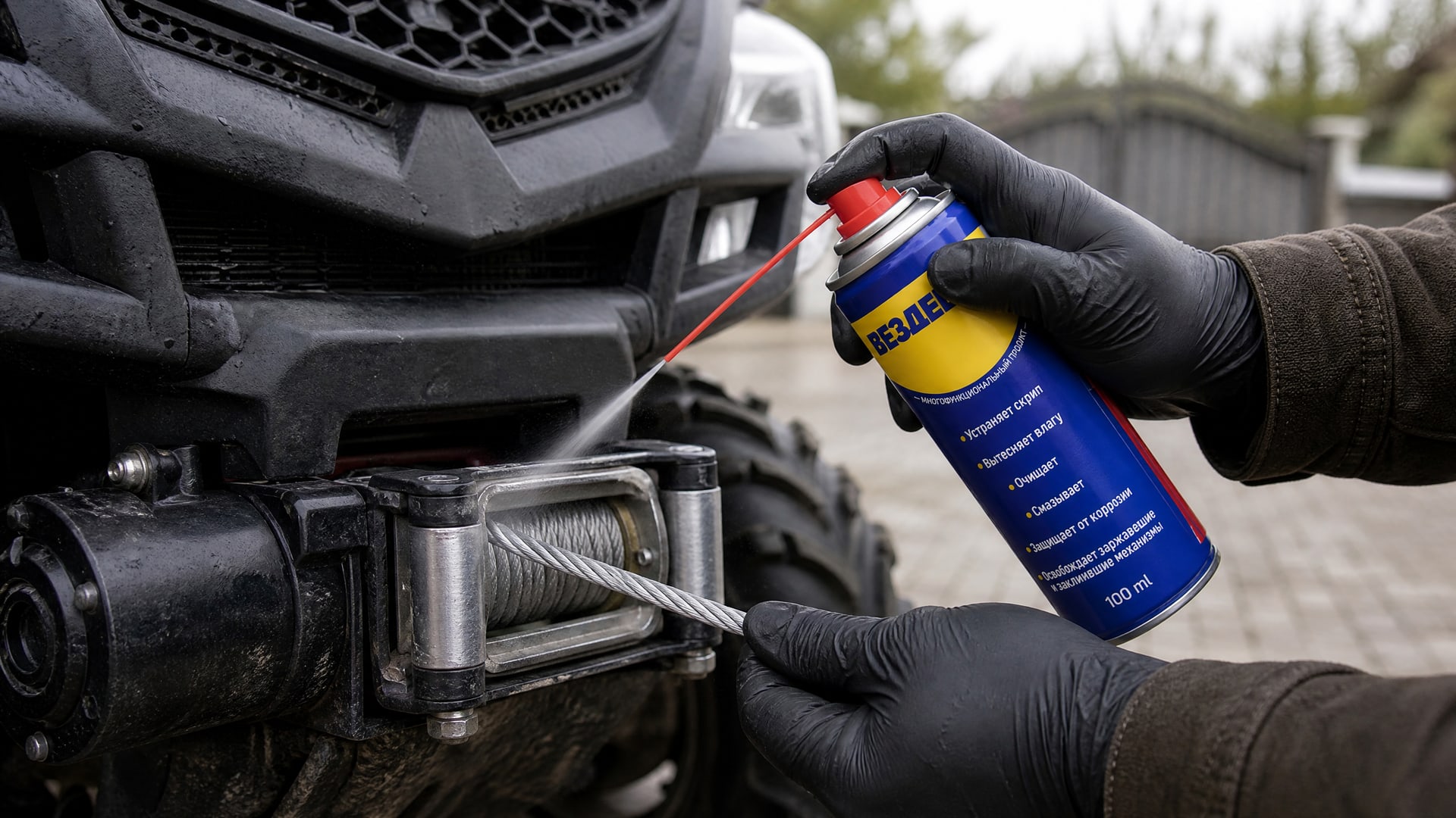 Рука в перчатке наносит универсальную смазку WD40 на трос.