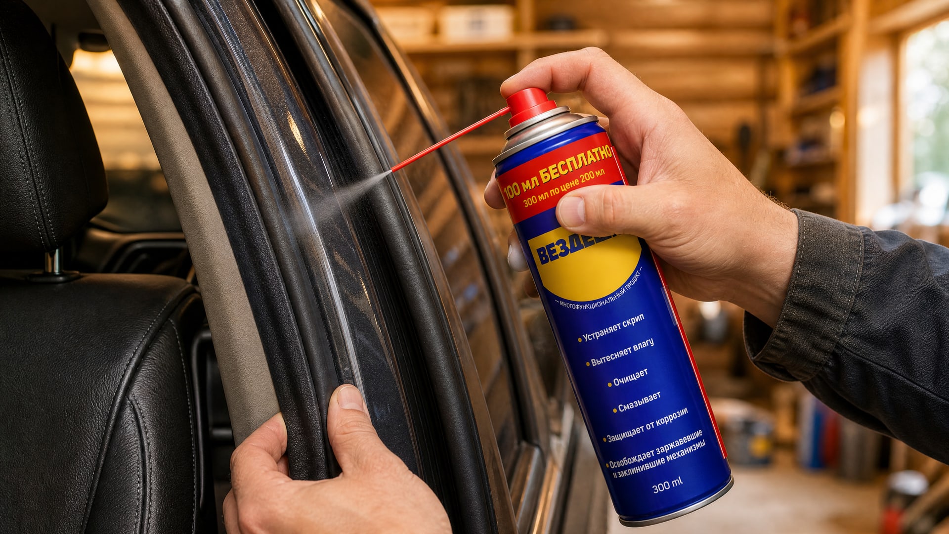 Рука в перчатке наносит универсальную смазку WD-40 на уплотнитель.