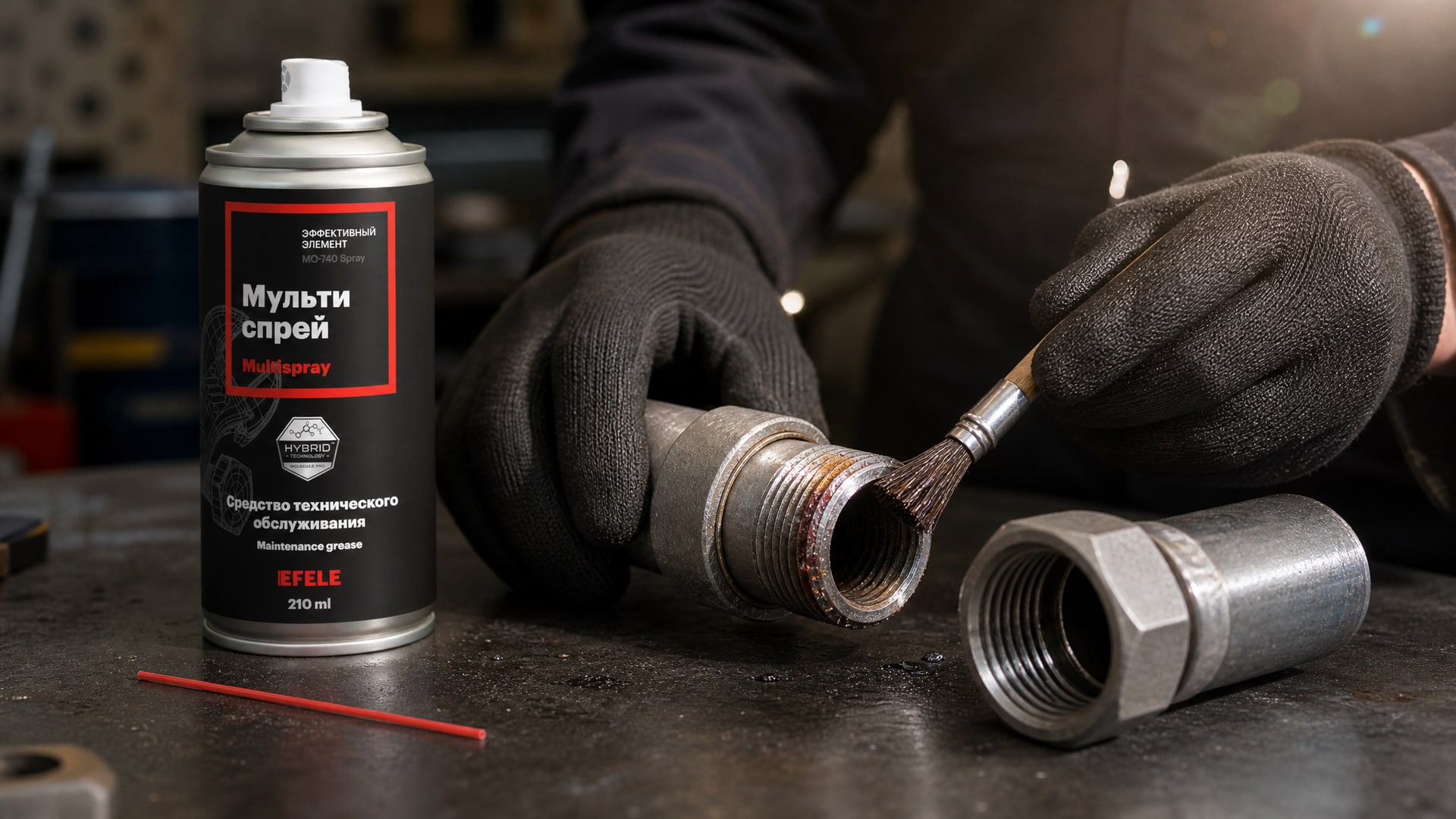 Рука в перчатке наносит EFELE MO-740 Spray (мультиспрей) для снятия анаэробного герметика.