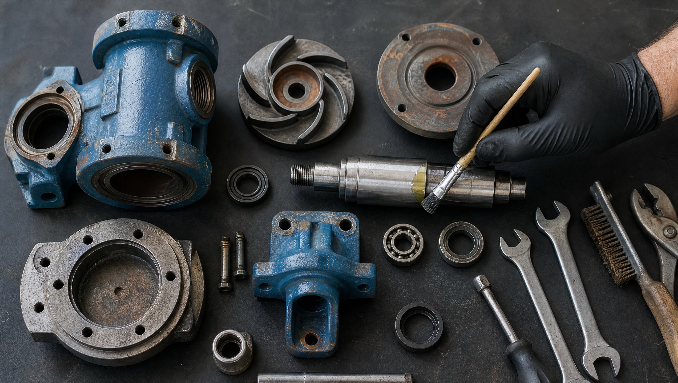 Рука наносит WD40 на железную деталь насосной станции, лежащую среди разных инструментов.