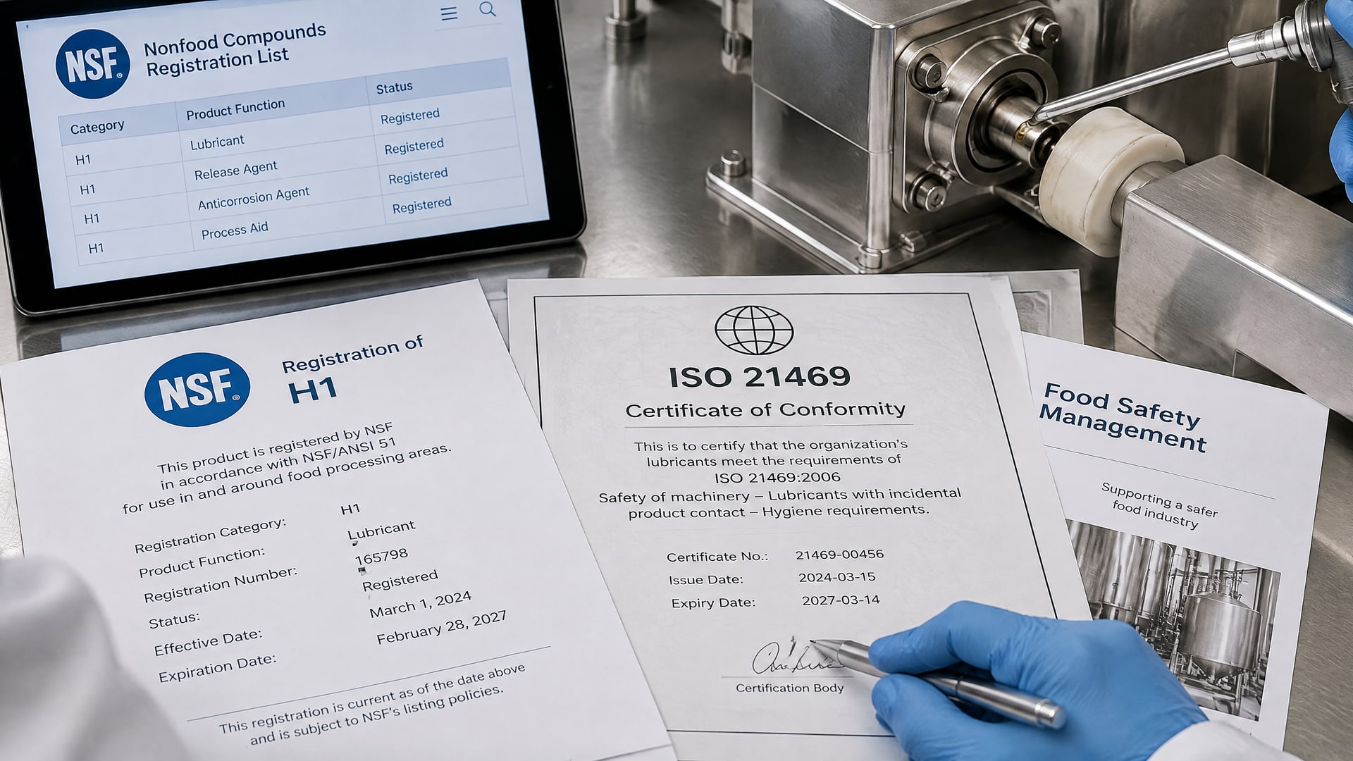 На чистом стальном столе разложены документы H1 и сертификат ISO 21469, рядом открыт планшет со списками NSF.