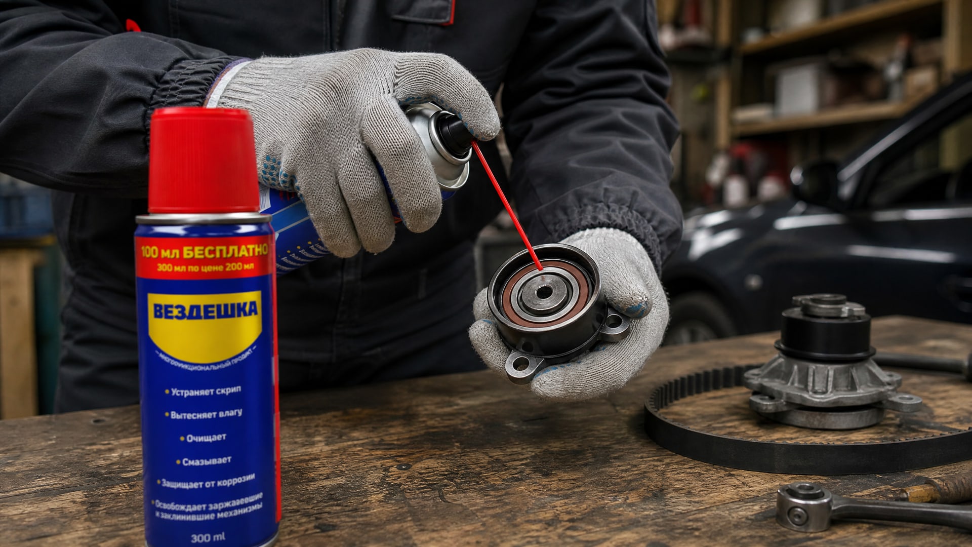 Рука в перчатке наносит универсальную смазку wd-40.
