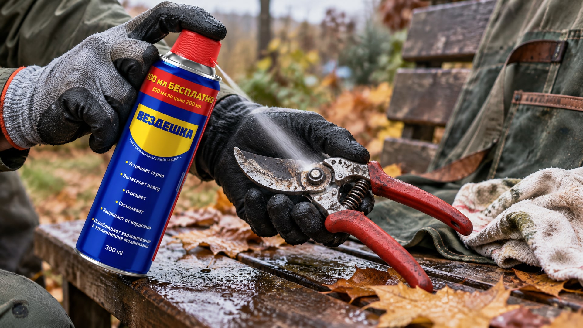Рука в перчатке наносит универсальную смазку WD40 на садовый инструмент.