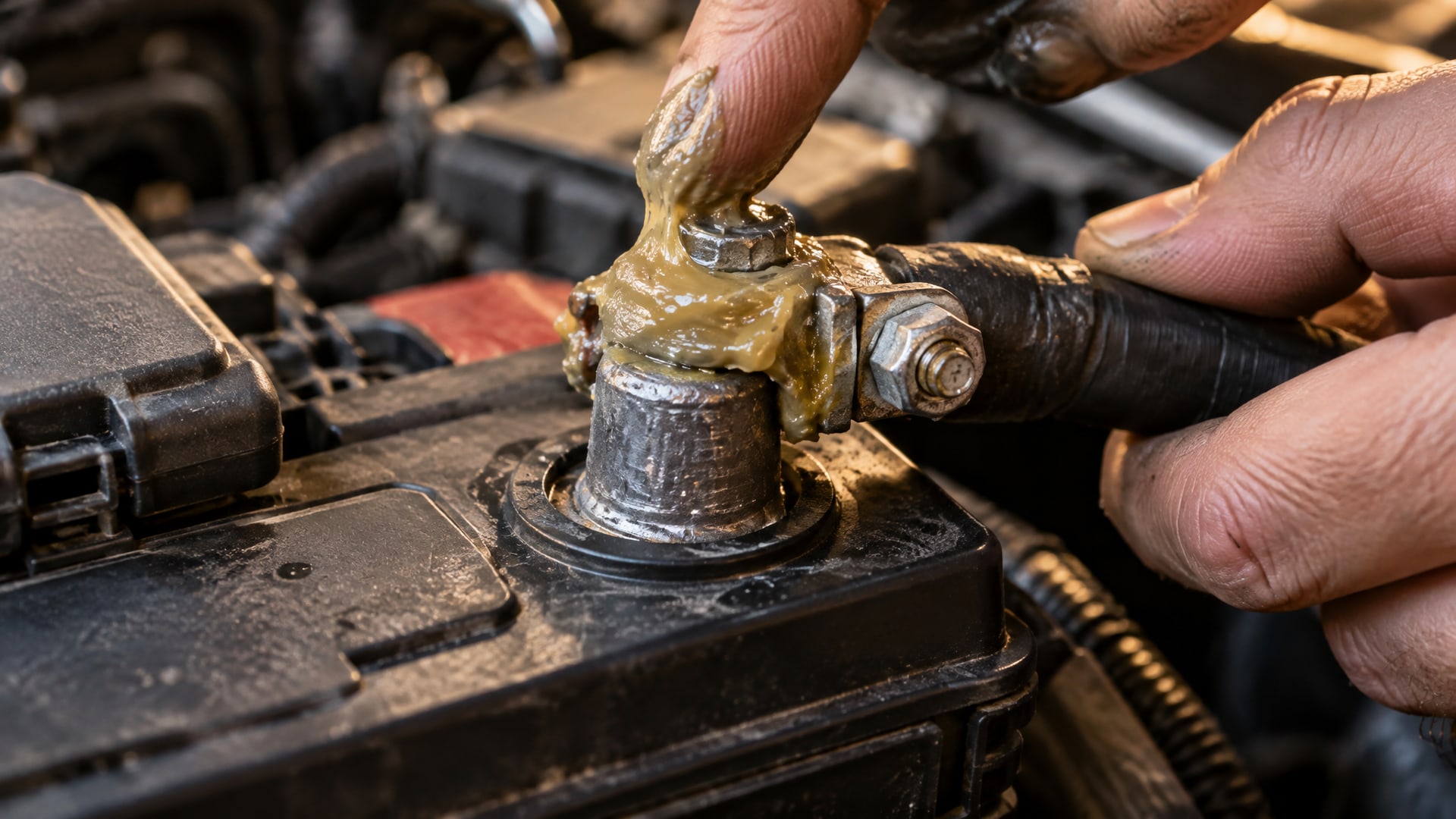 Клемма автомобильного аккумулятора с густым слоем смазки, нанесенной внутрь контакта.