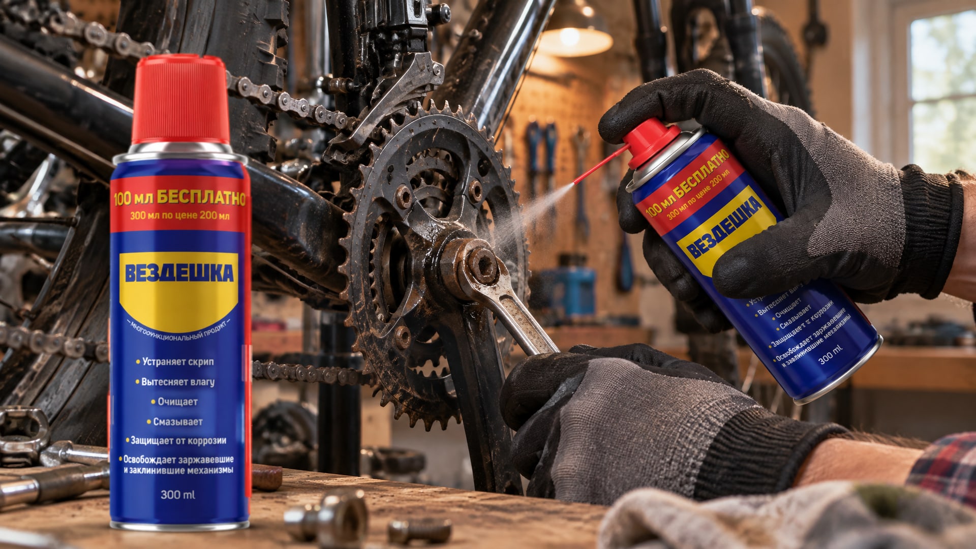 Рука в перчатке наносит универсальную смазку wd-40 на деталь.