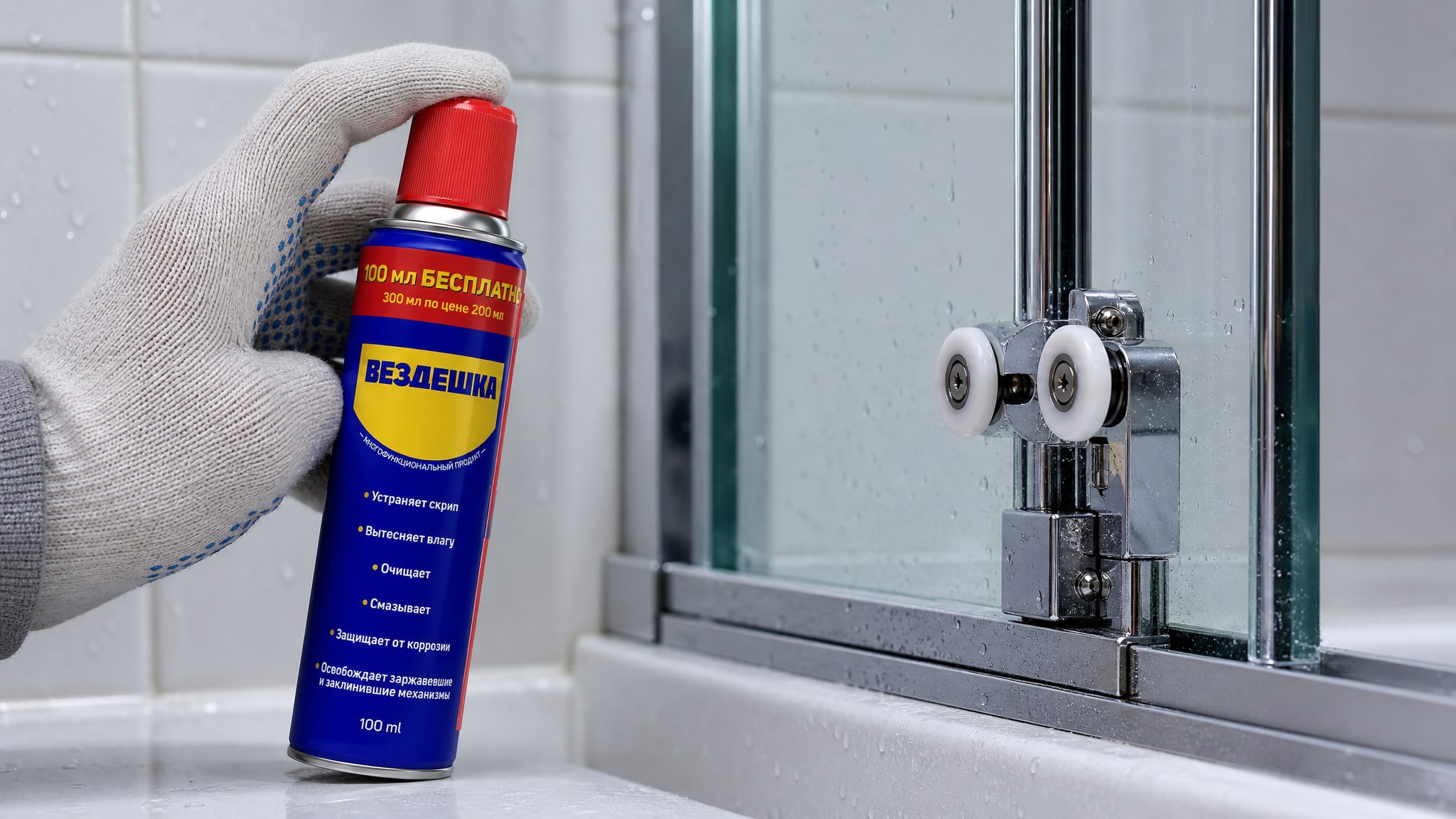 Рука в перчатке наносит универсальную смазку WD-40 на ролики душевой кабины. Рука в перчатке наносит универсальную смазку WD-40 на ролики душевой кабины.