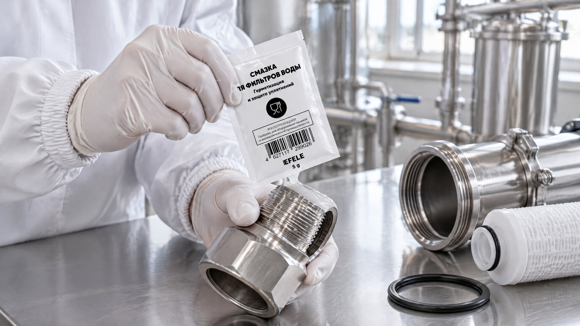 Рука в перчатке наносит EFELE Смазку для фильтров воды (NSF H1) для герметизации трубопроводов.