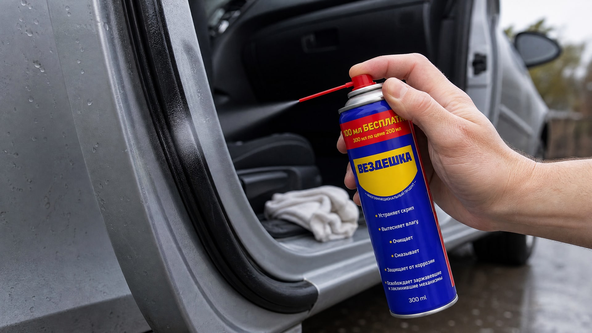 Рука в перчатке наносит универсальную смазку WD-40 на уплотнитель двери.