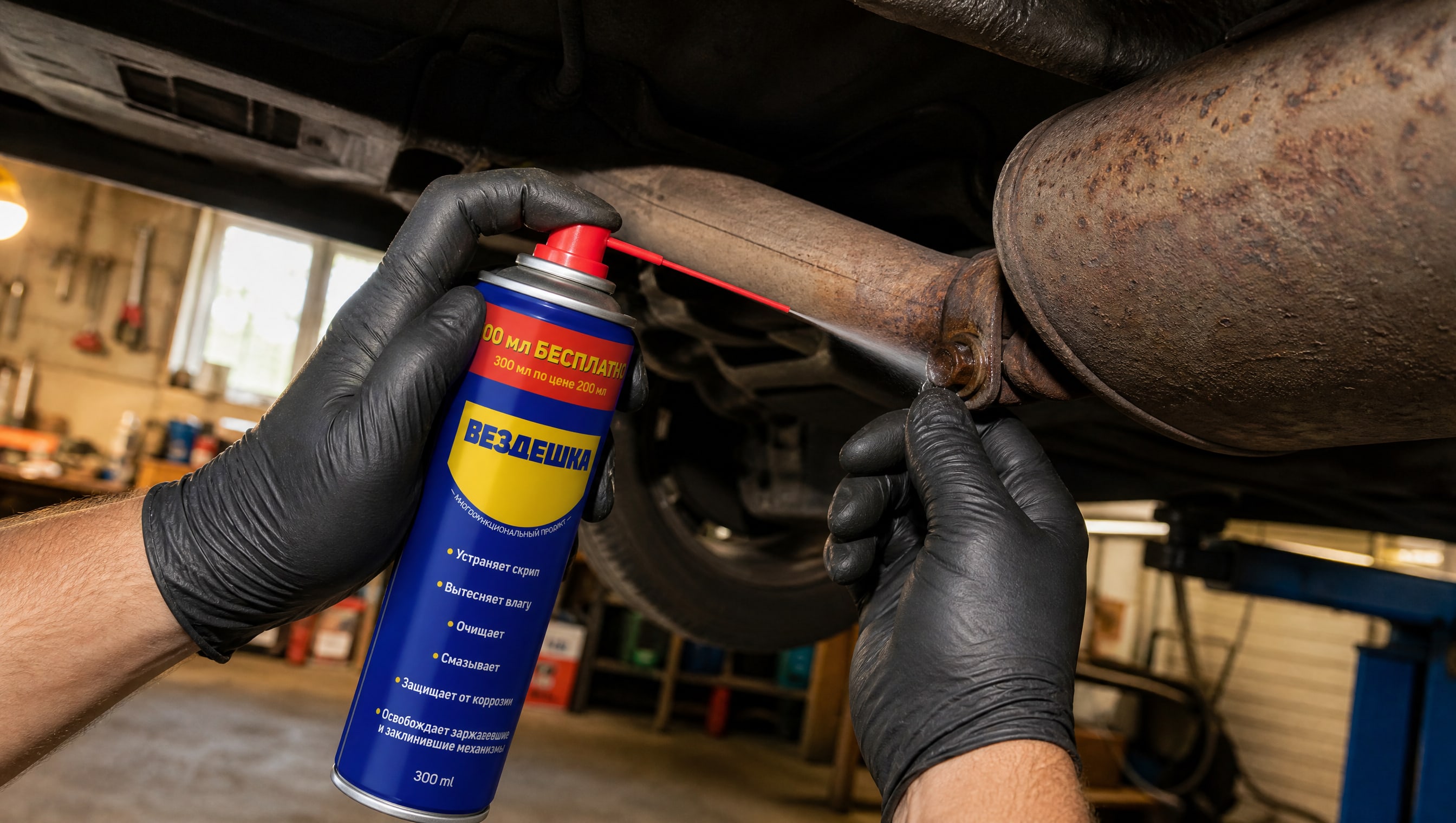 Рука в перчатке наносит универсальную смазку WD40 на болт.
