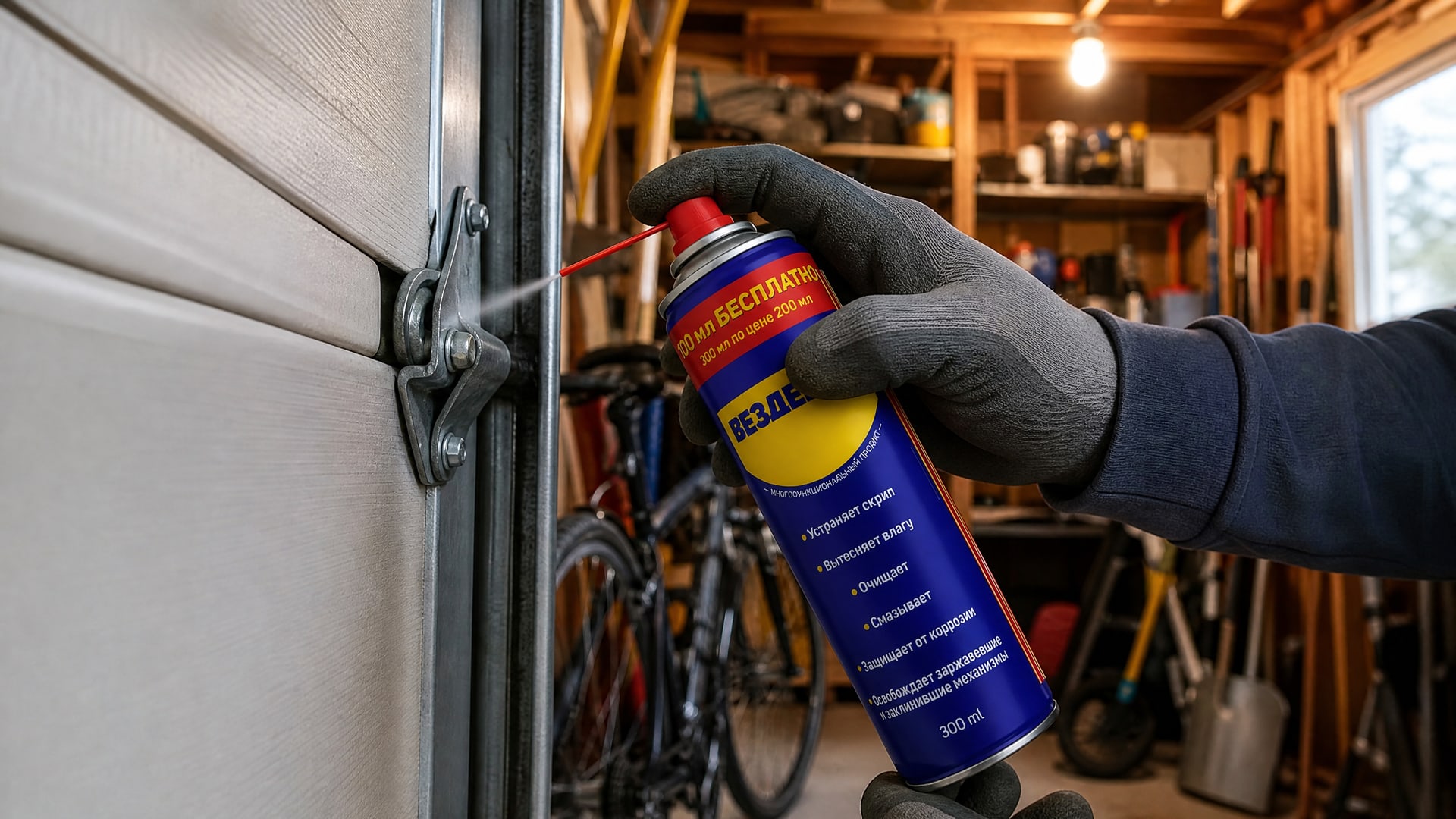 Рука в перчатке наносит универсальную смазку WD40 на петли гаражных ворот.