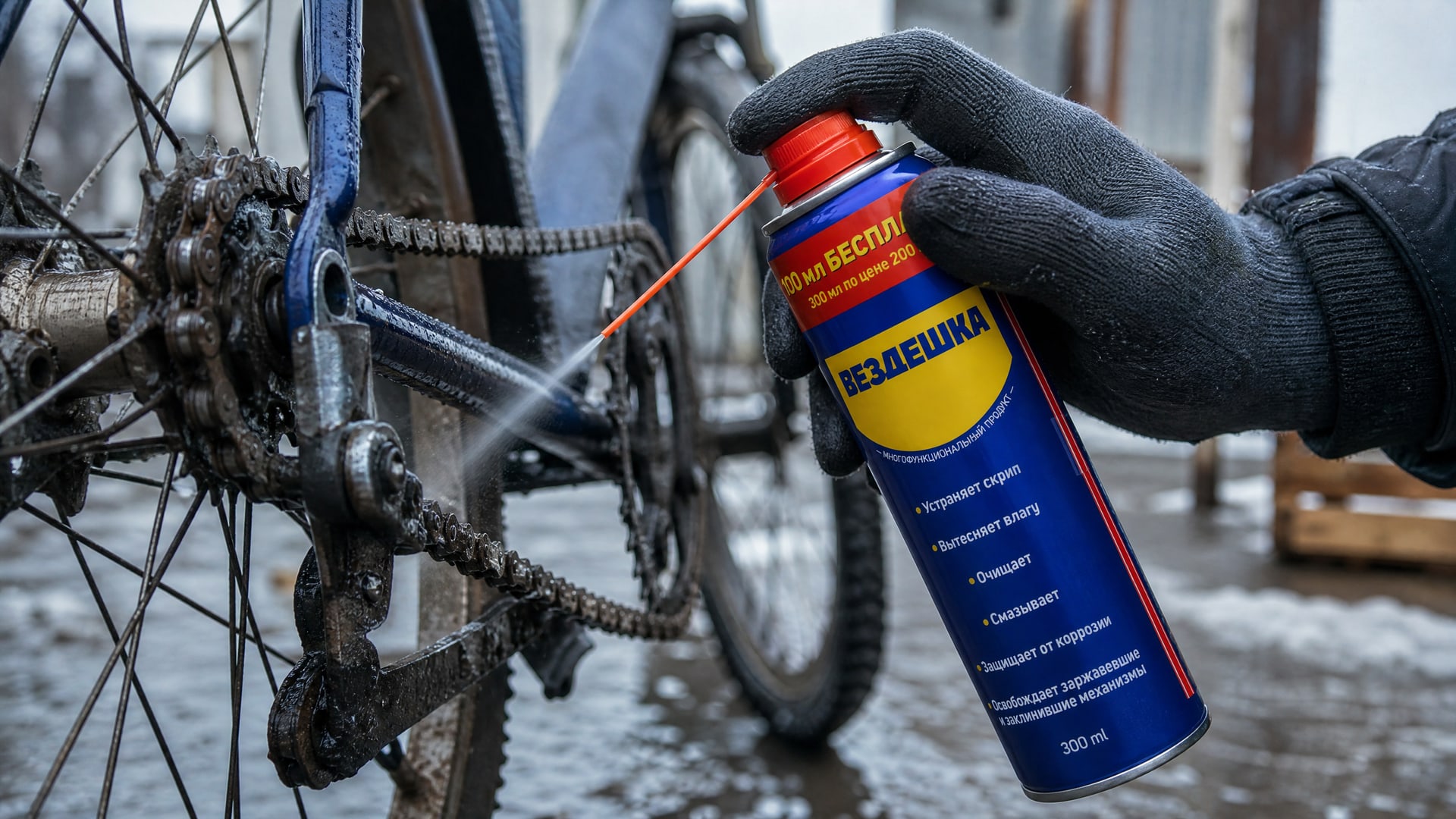 Рука в перчатке наносит универсальную смазку WD-40 на велосипедную цепь.