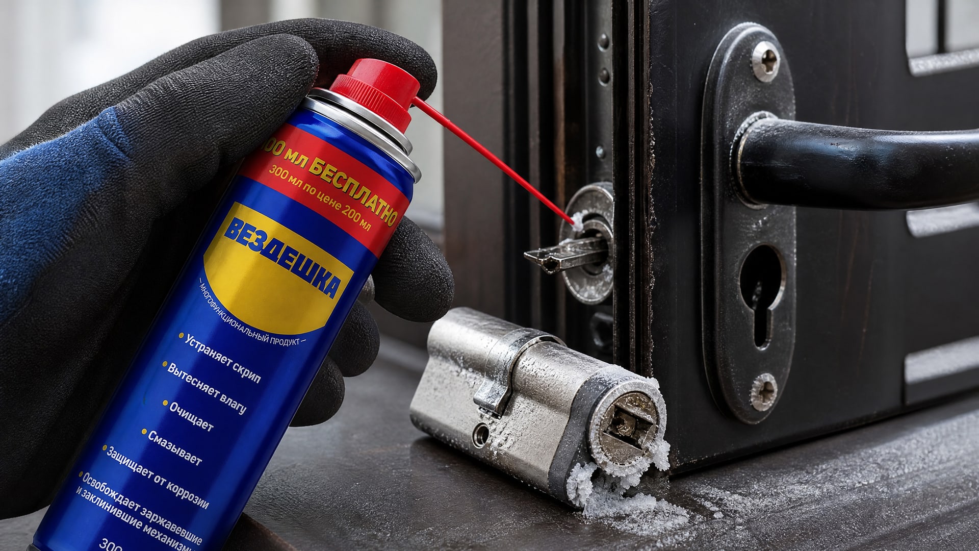 Рука в перчатке наносит универсальную смазку wd-40 на замок.