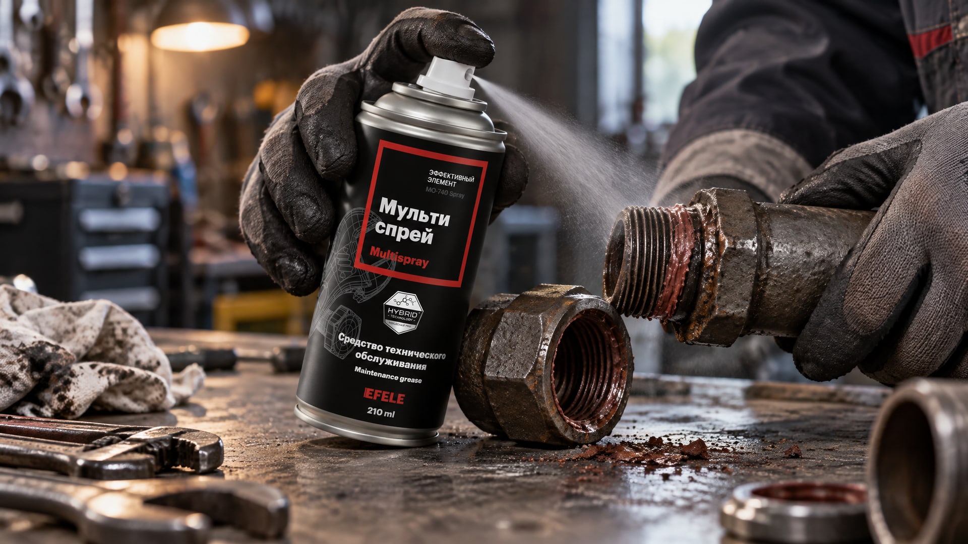 Рука в перчатке распыляет EFELE MO-740 Spray для удаления анаэробного герметика.