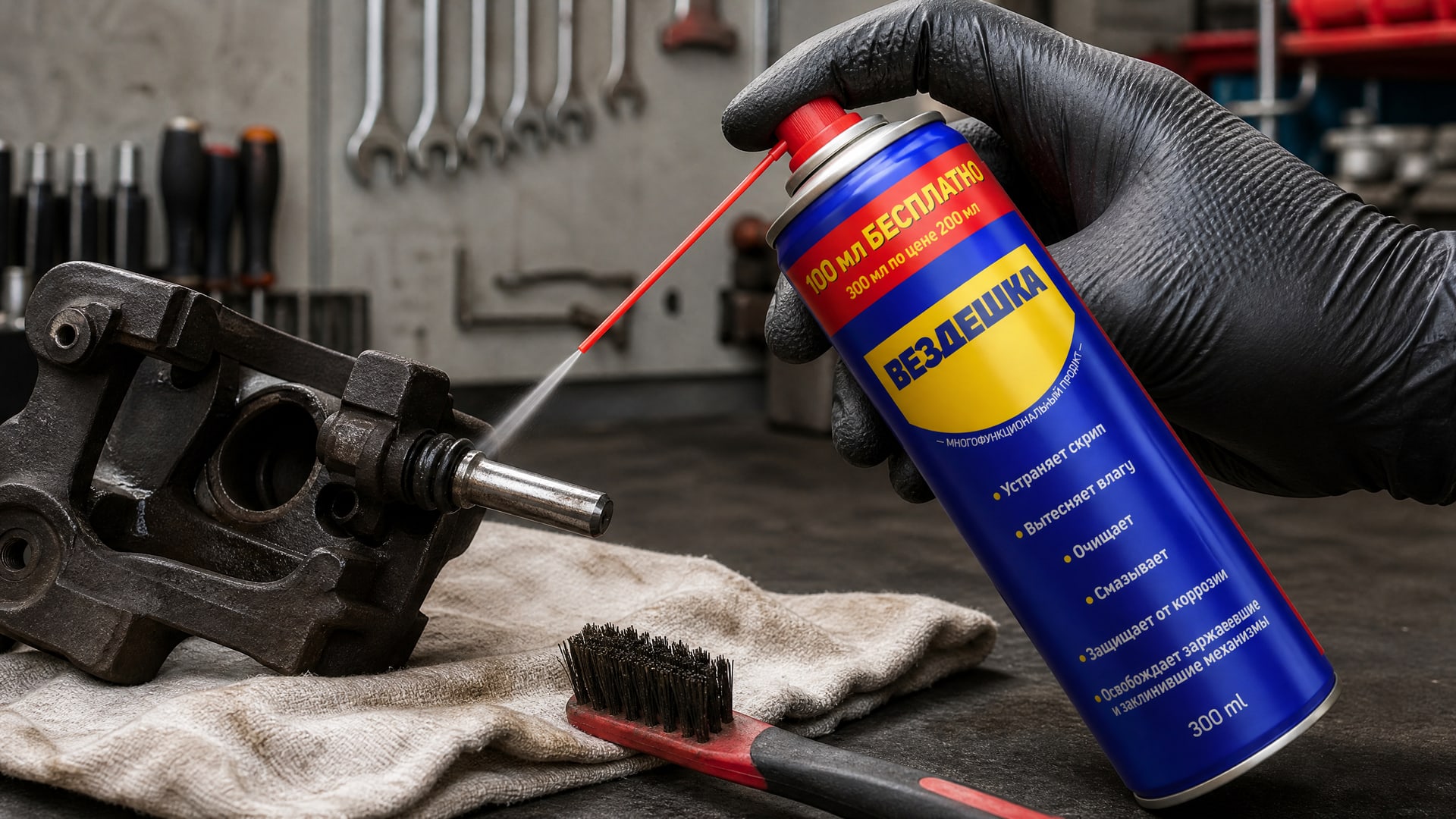 Рука в перчатке наносит универсальную смазку WD-40 на деталь.