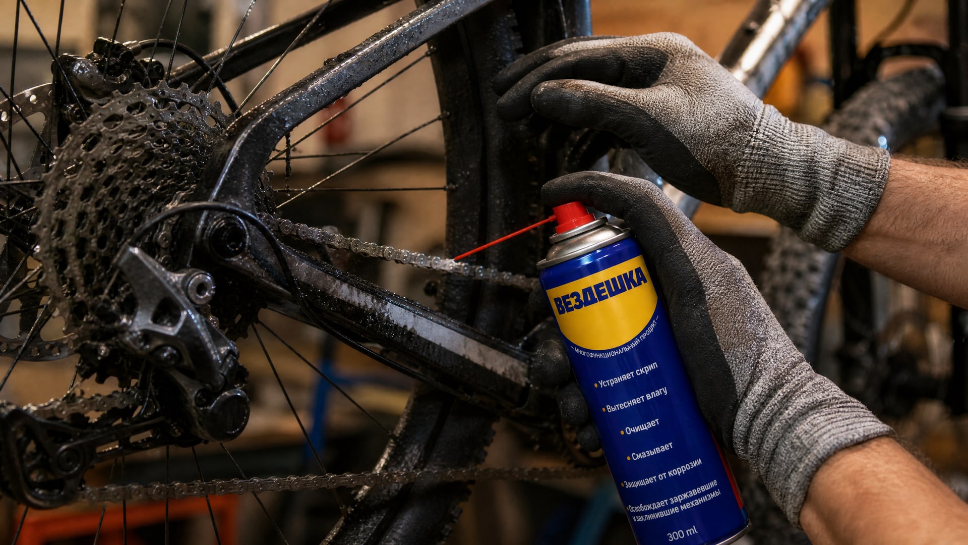 Рука в перчатке наносит универсальную смазку WD-40 на цепь велосипеда.