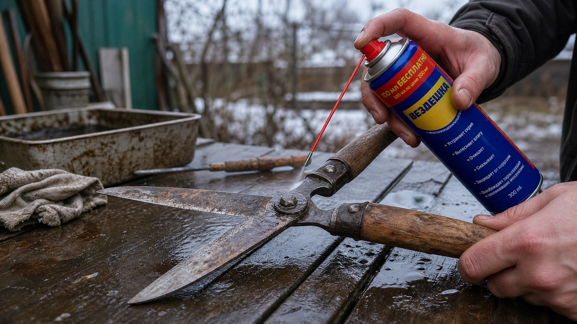 Рука в перчатке наносит универсальную смазку WD-40 на инструмент.
