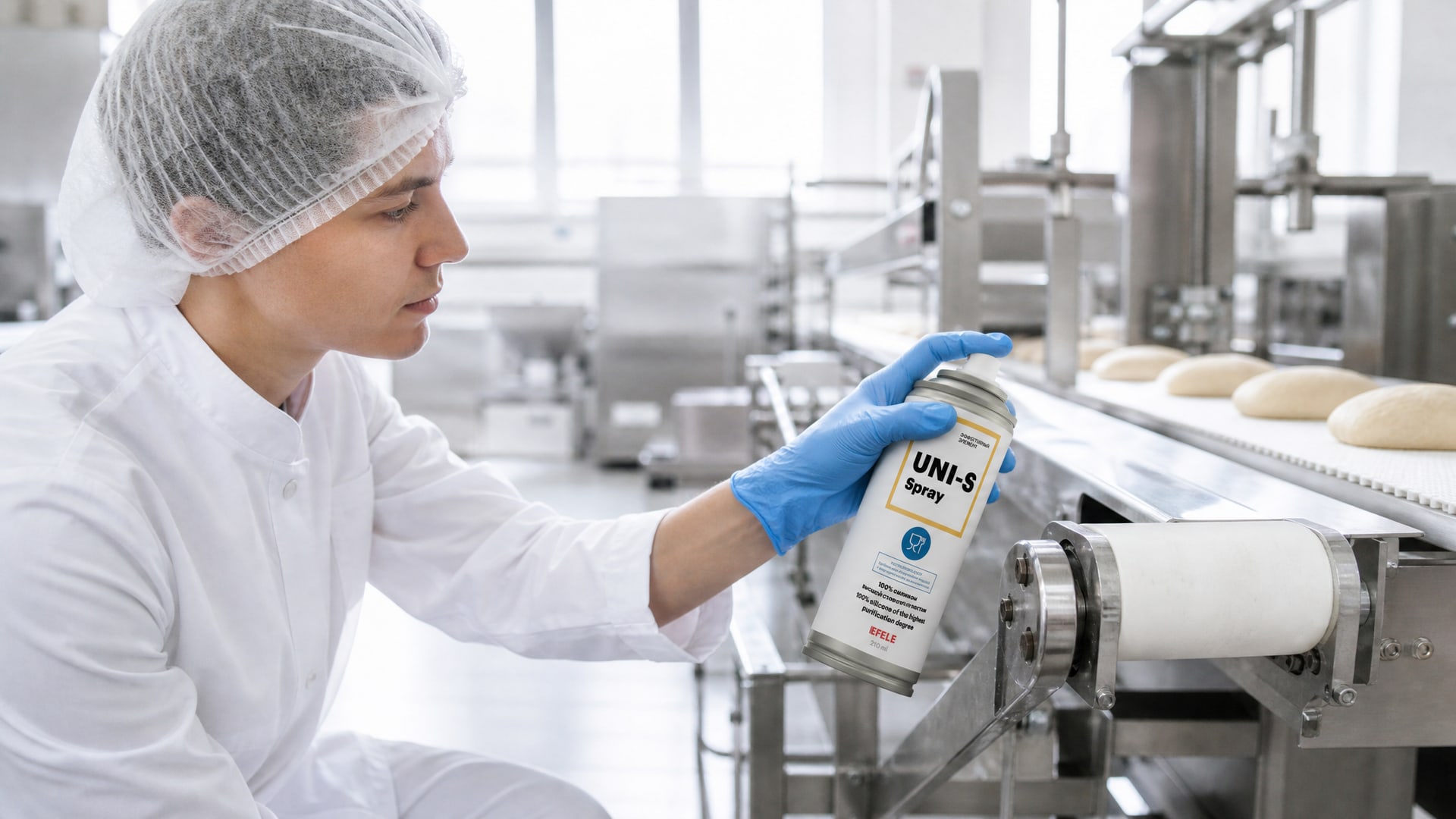 Рука наносит смазку EFELE UNI-S Spray на конвейерную ленту.