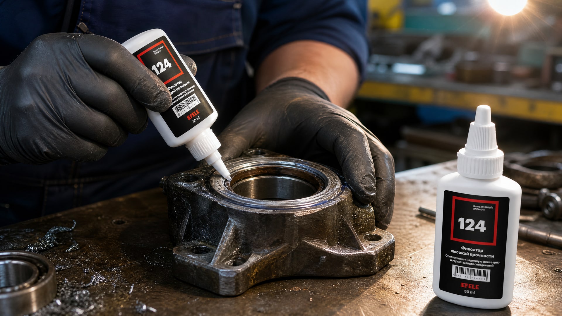 Рука в перчатке наносит EFELE 124 для восстановления посадочных мест подшипников.