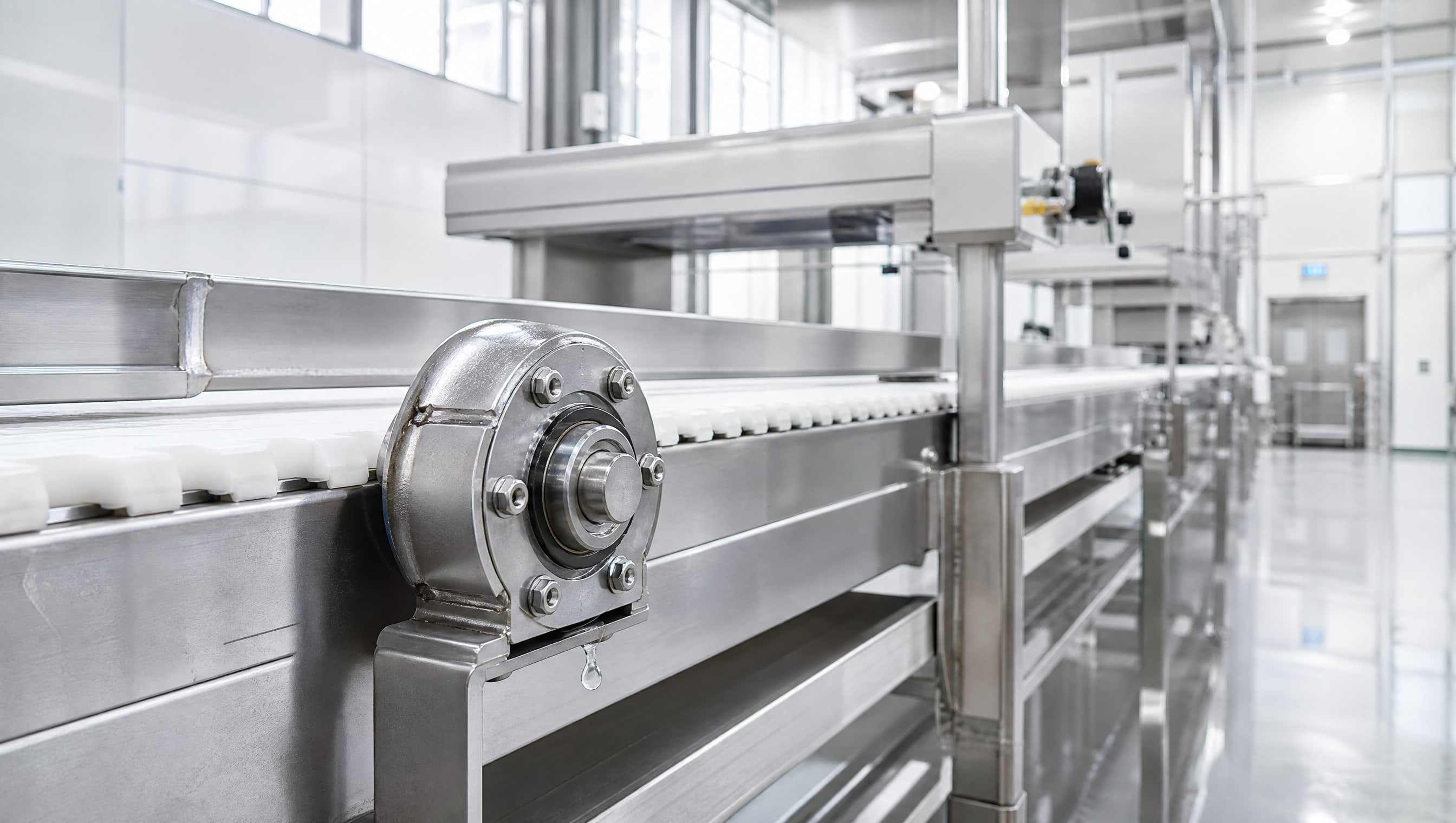 Капля прозрачной смазки свисает с подшипника конвейера на пищевом производстве, демонстрируя возможность случайного контакта. Капля прозрачной смазки свисает с подшипника конвейера на пищевом производстве, демонстрируя возможность случайного контакта.