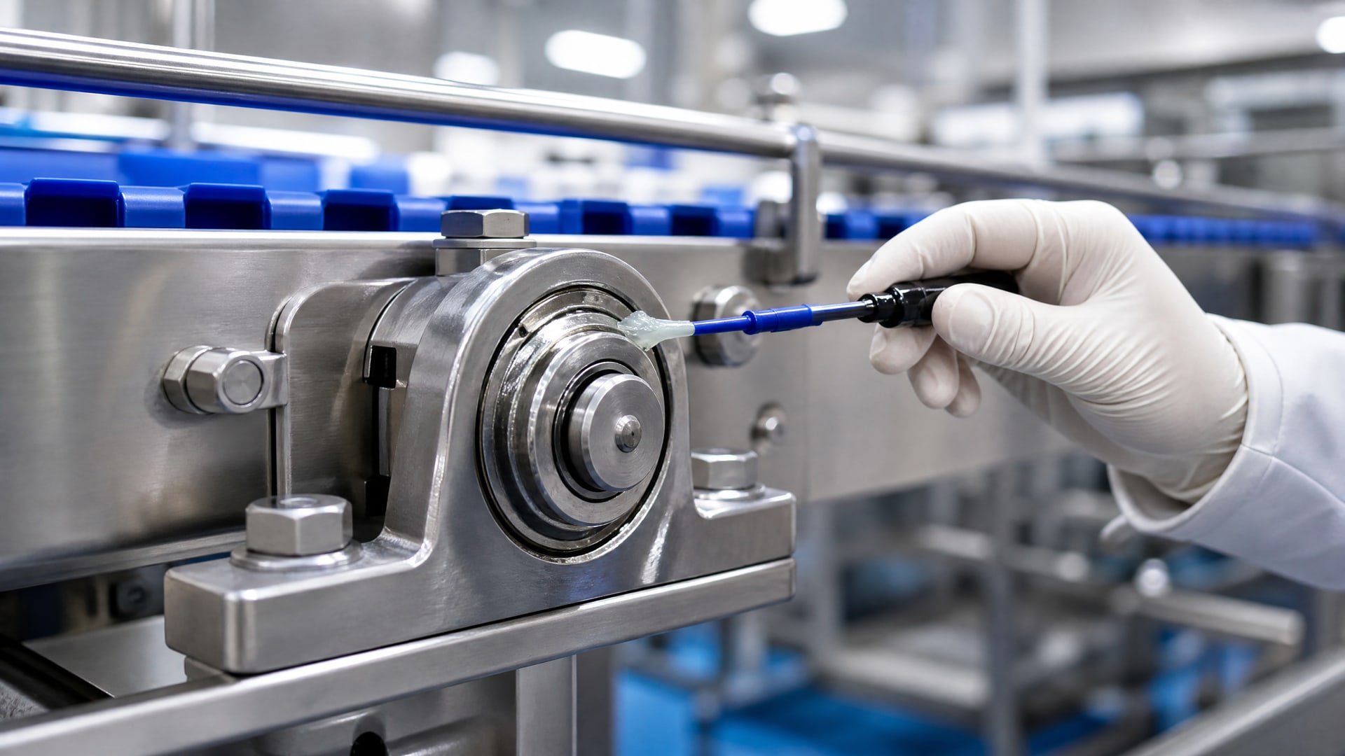 Подшипник конвейера со слоем смазки H1 HACCP аудит на производстве.