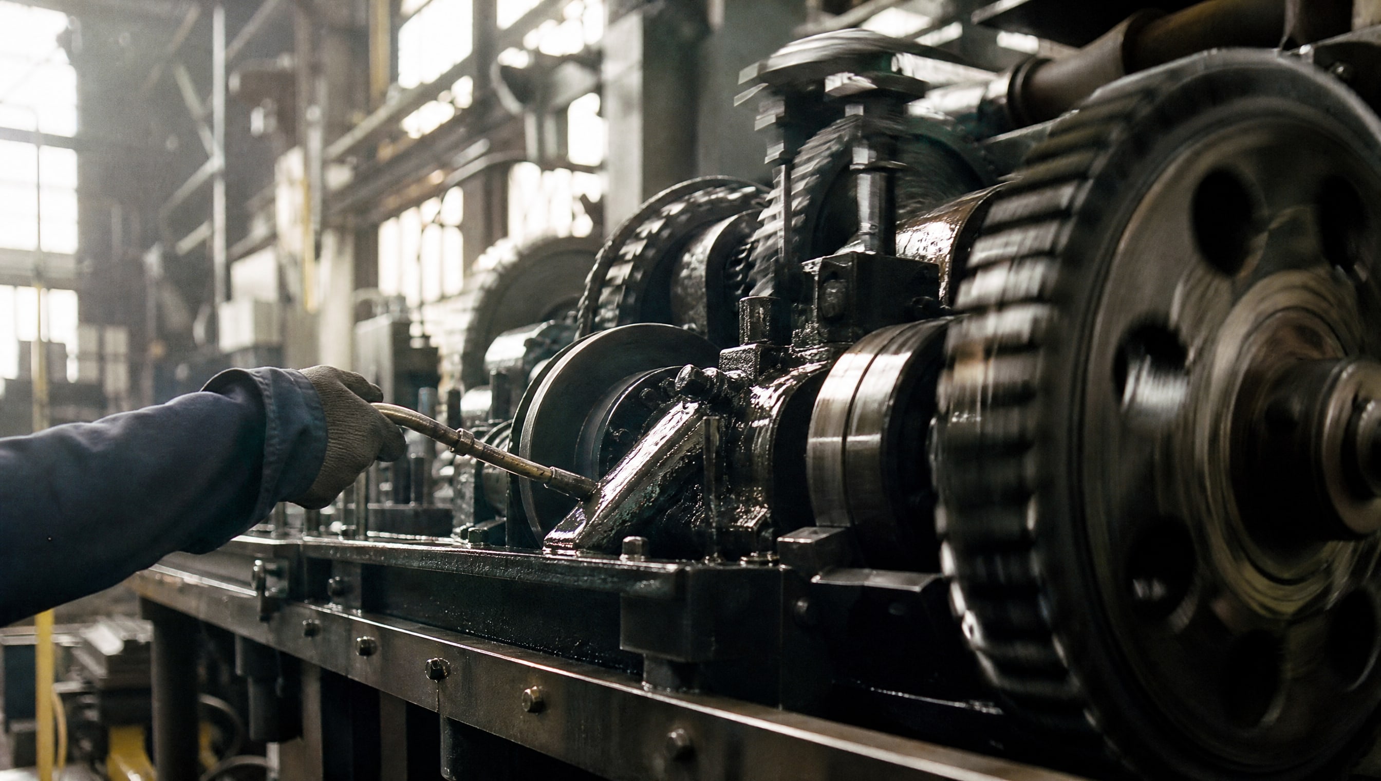 Индустриальная установка с gears и подшипниками, покрытыми слоем смазки, на переднем плане.