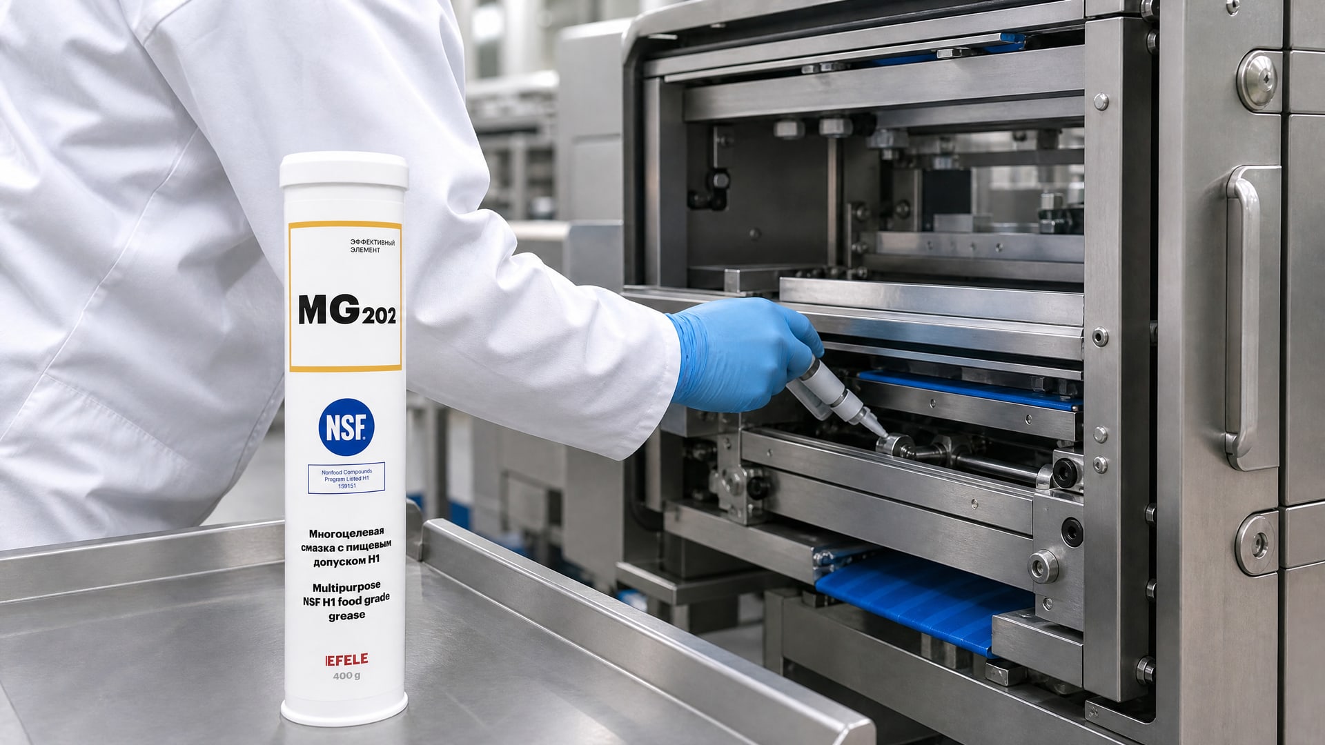 Рука в перчатке наносит EFELE MG-202 (NSF H1) для аудита HACCP.