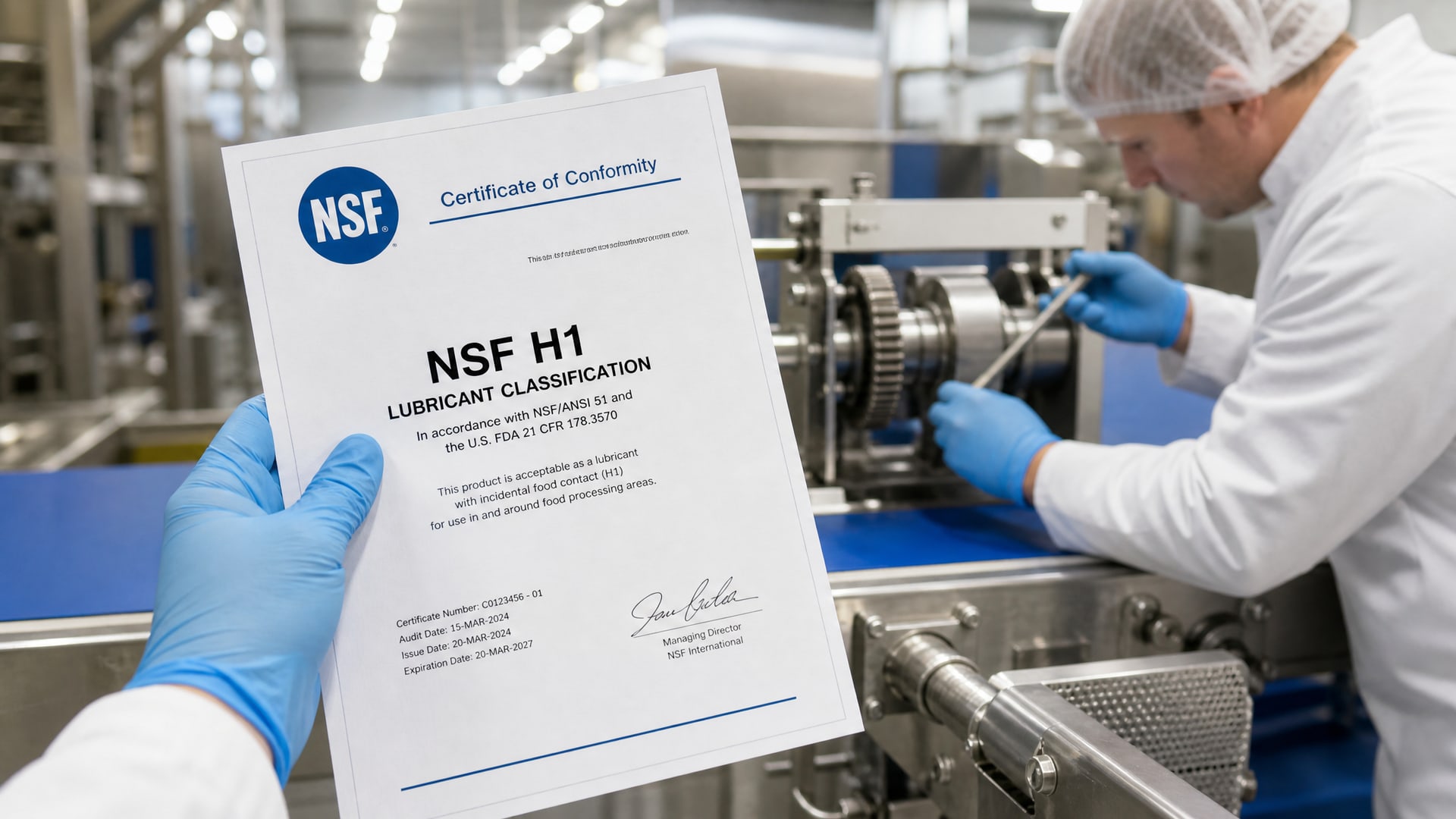 Рука в перчатке держит сертификат NSF H1 на фоне пищевого оборудования, замена смазок пищевое производство.