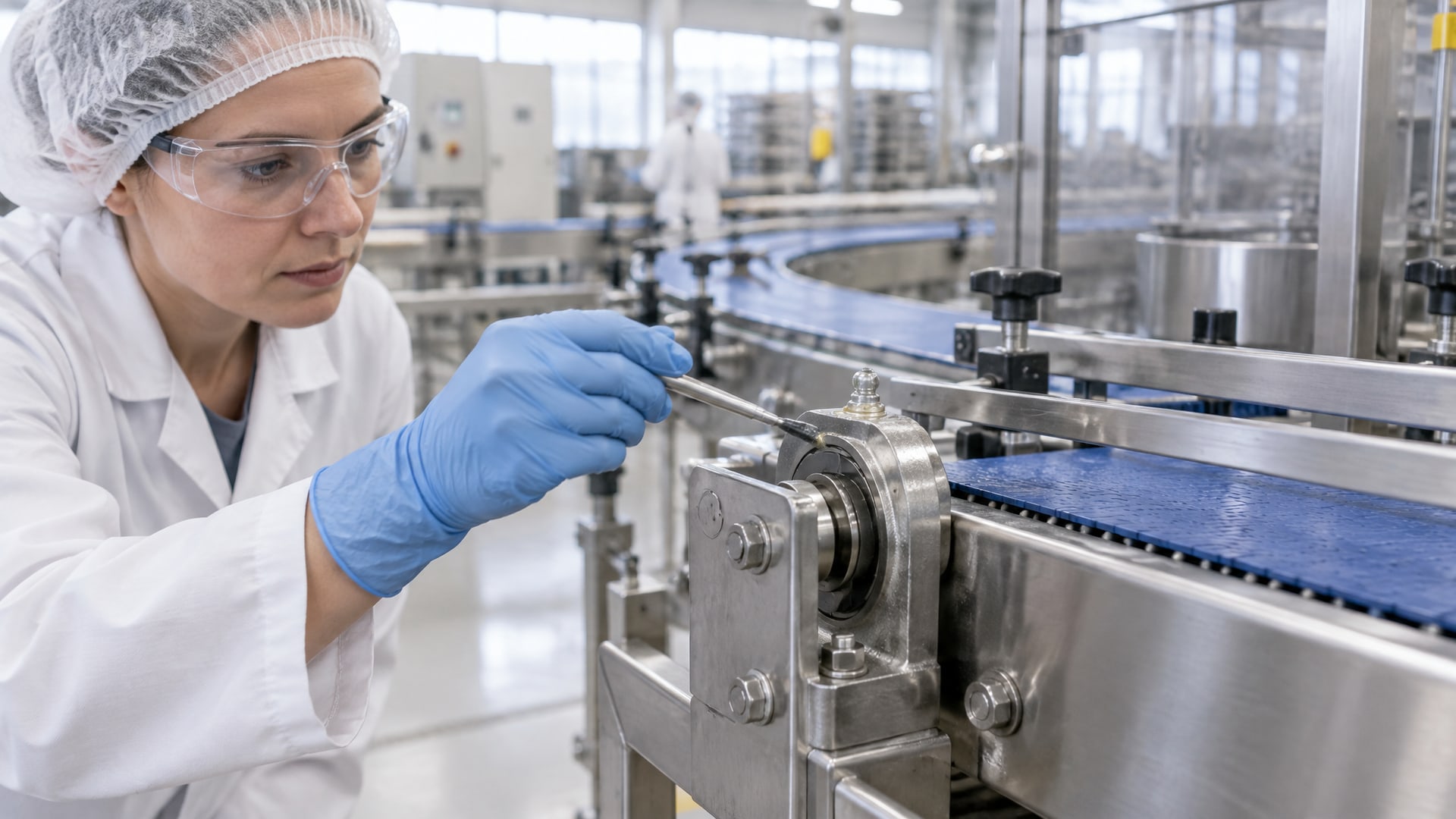 Смазка пищевая nsf h1, наносимая на стальной элемент упаковочного оборудования.