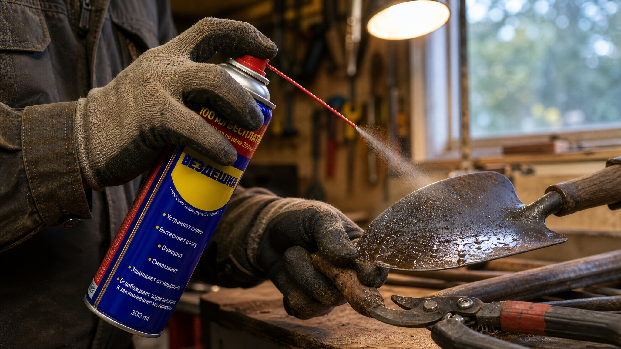 Рука в перчатке наносит универсальную смазку WD40 на металлическую поверхность.