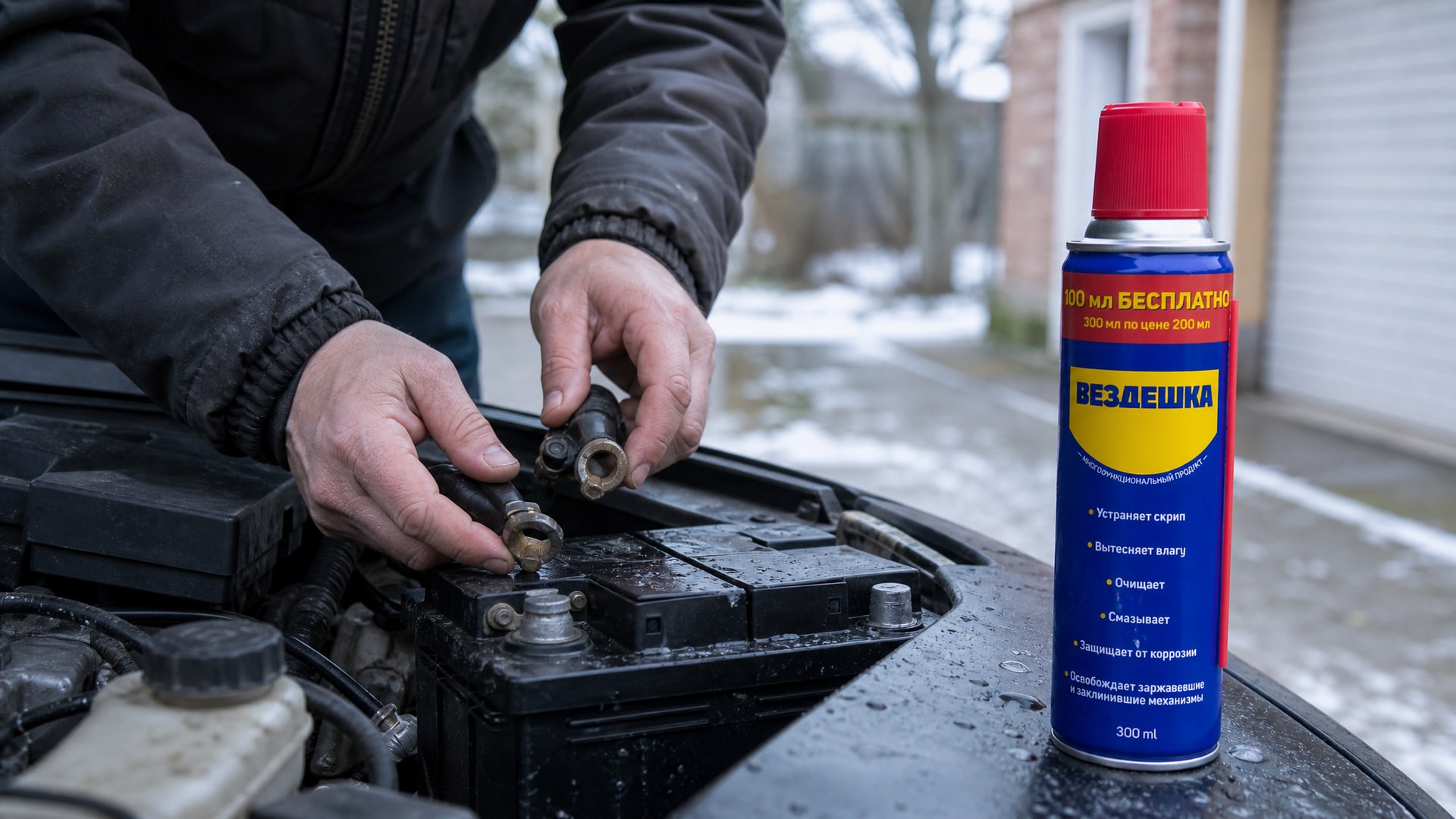 WD40 защищает проводку автомобиля, наносится рукой в перчатке.
