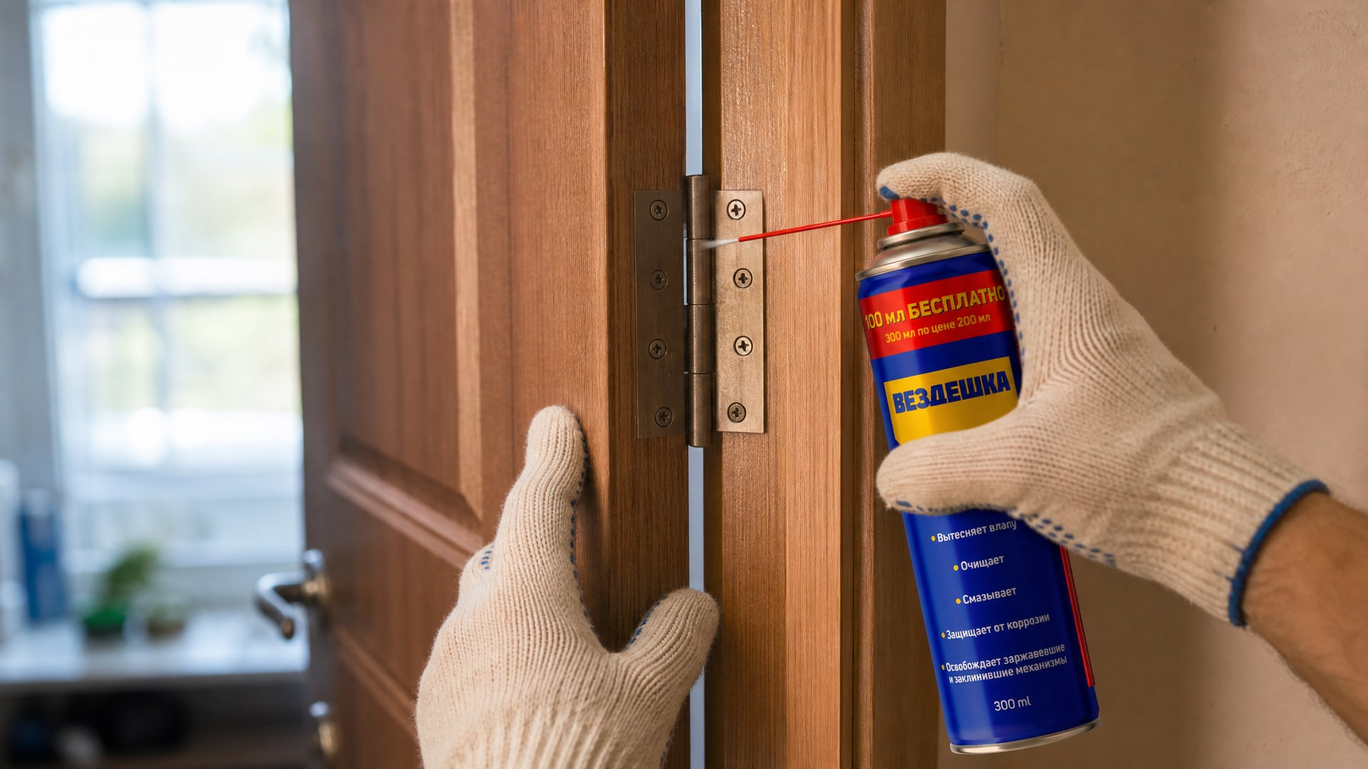 Рука в перчатке наносит универсальную смазку wd-40 на дверные петли.