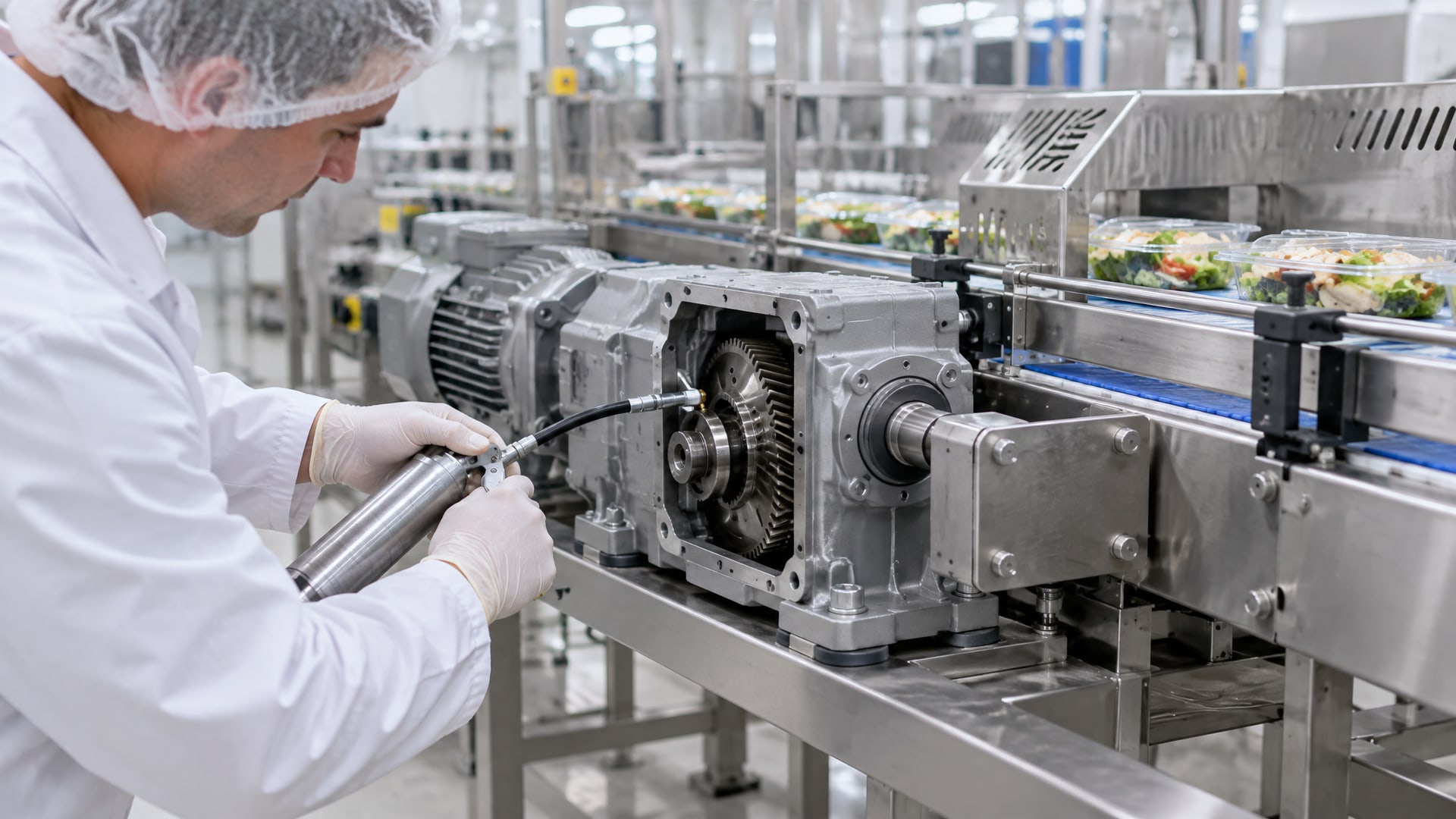 Редуктор упаковочной машины, смазка пищевая nsf h1 на шестернях.