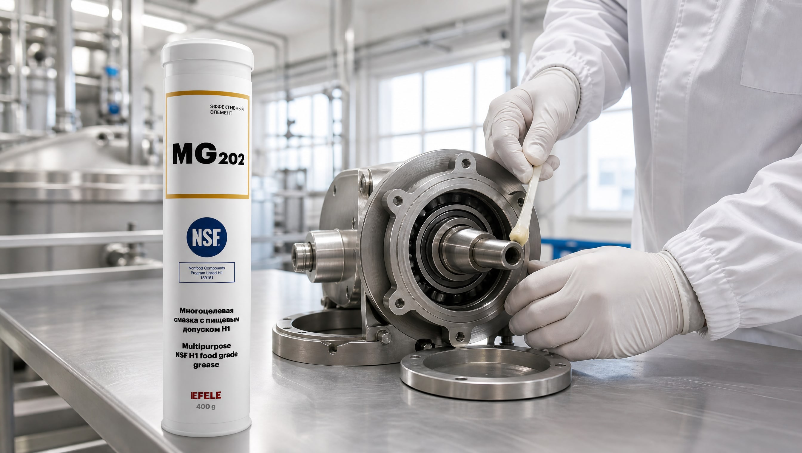 Рука в перчатке наносит EFELE MG-202 (NSF H1), чтобы предотвратить загрязнение продукта.