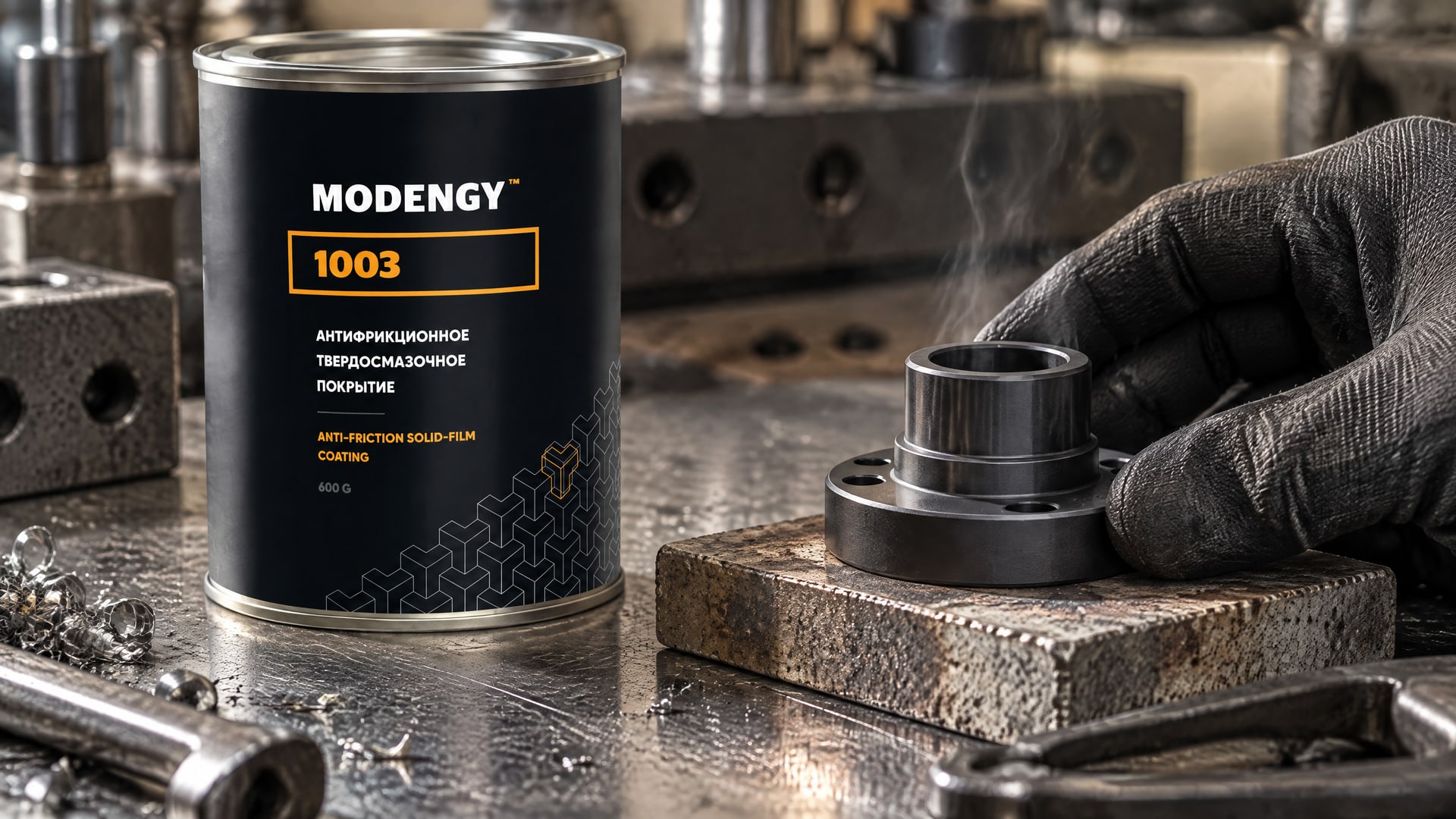 Рука в перчатке наносит MODENGY 1003 для твердой смазки.