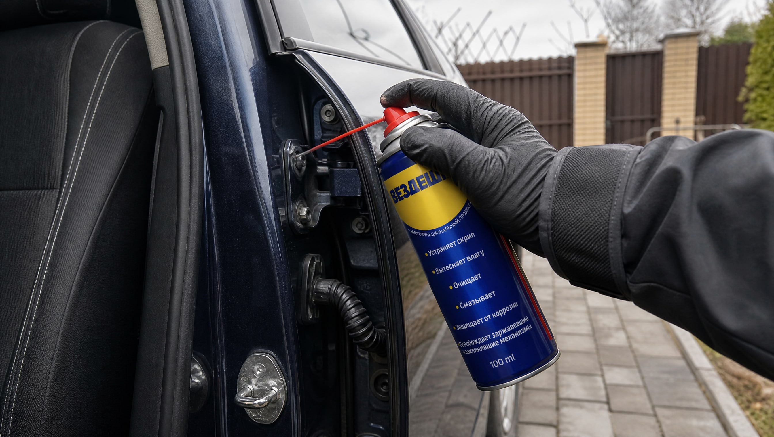 Рука в перчатке наносит универсальную смазку wd-40 на дверные петли.