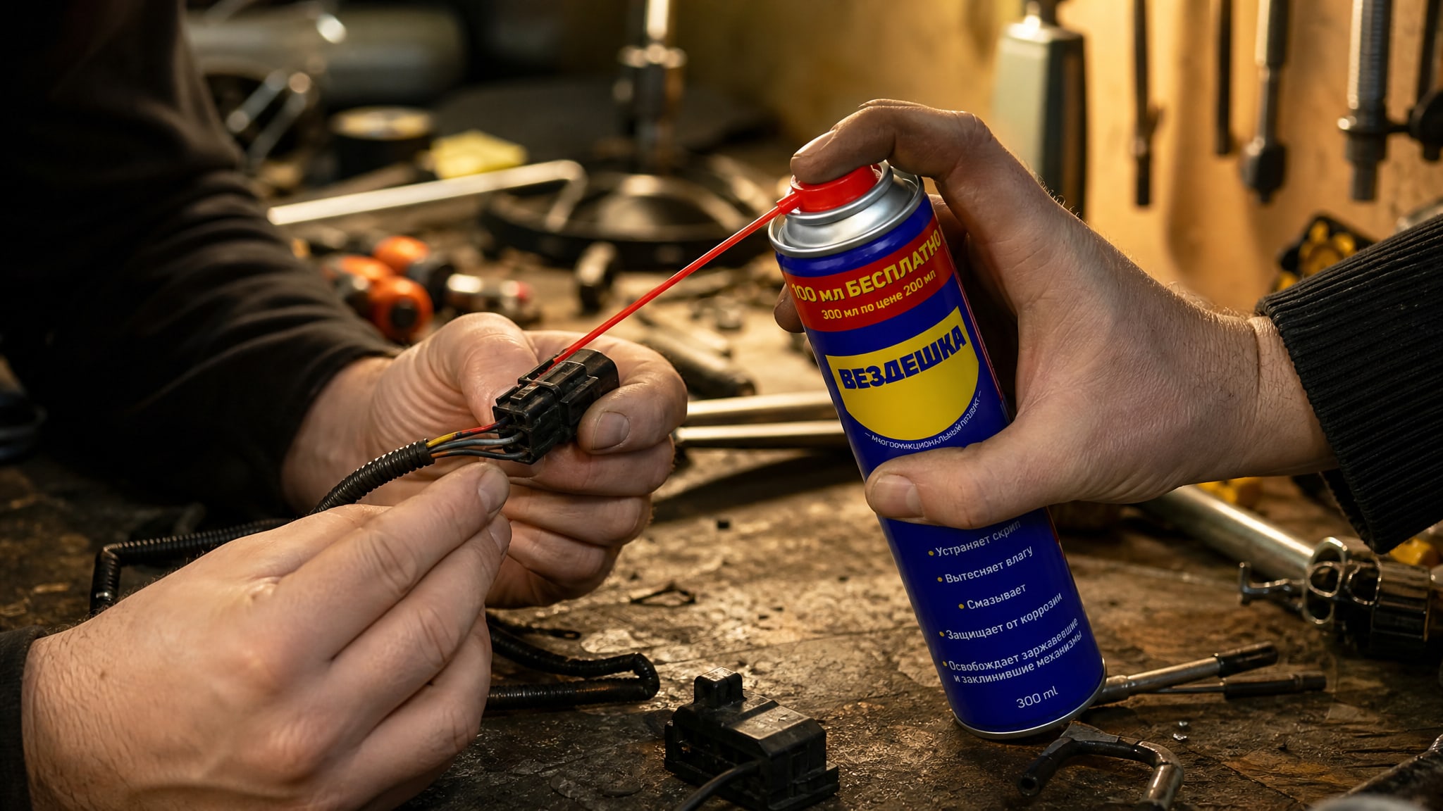 Рука в перчатке наносит универсальный смазочный аэрозоль wd-40 на детали.