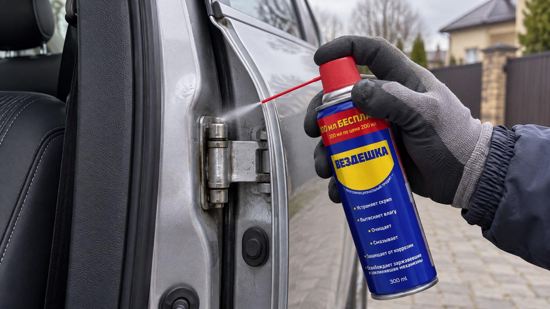 Рука в перчатке наносит универсальную смазку WD40 на дверные петли.