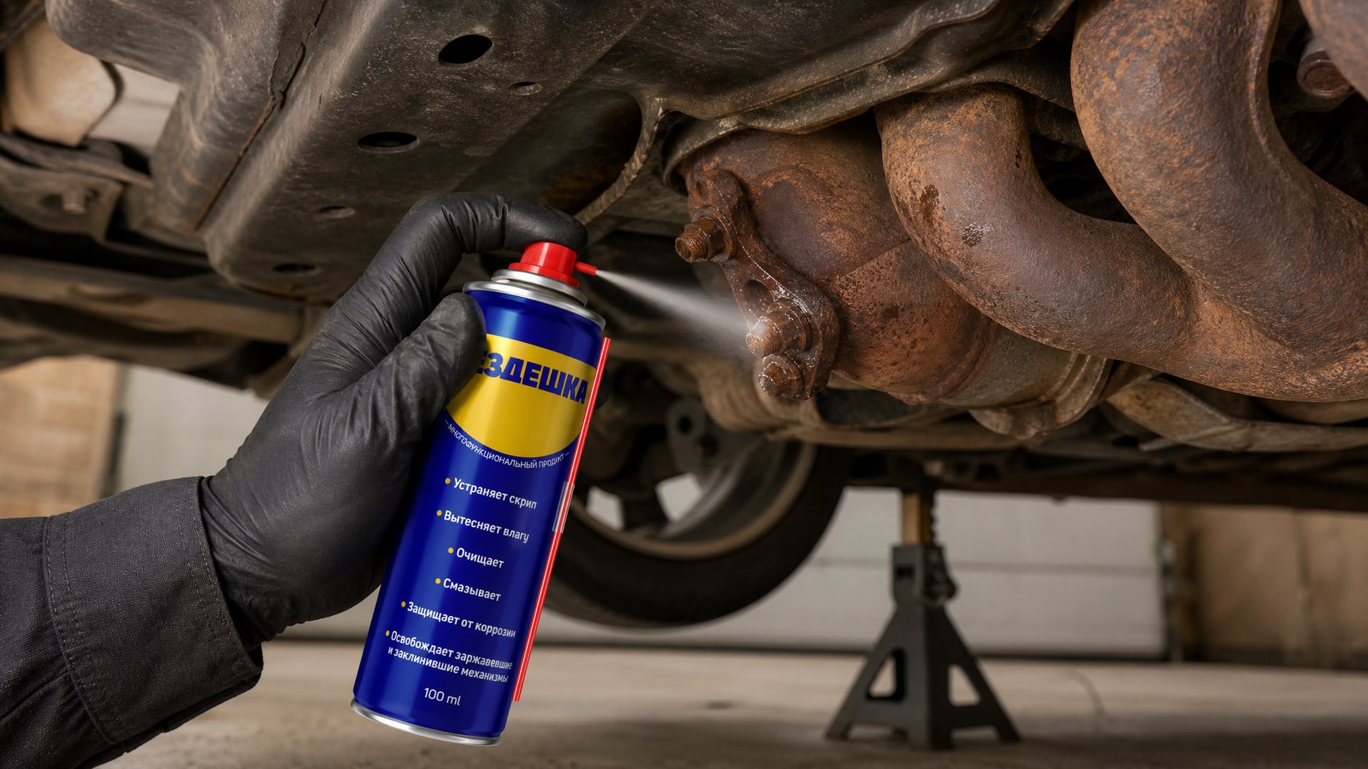 Рука в перчатке наносит универсальную смазку WD-40 на болты глушителя.