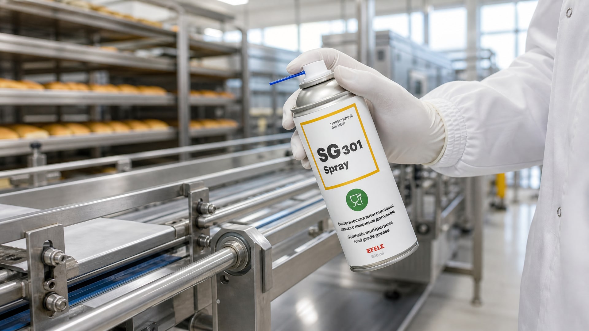 Рука наносит смазку пищевую nsf h1 EFELE SG-301 Spray.
