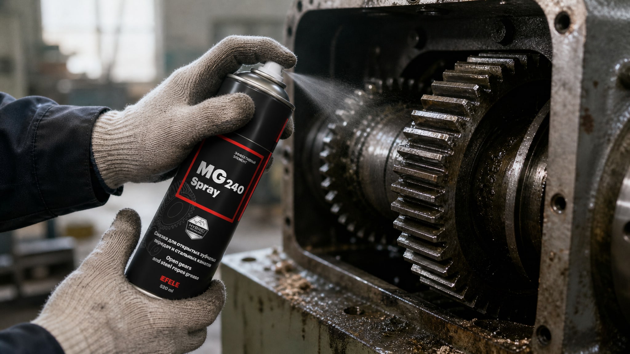 Рука в перчатке наносит EFELE MG-240 Spray на зубчатую передачу.