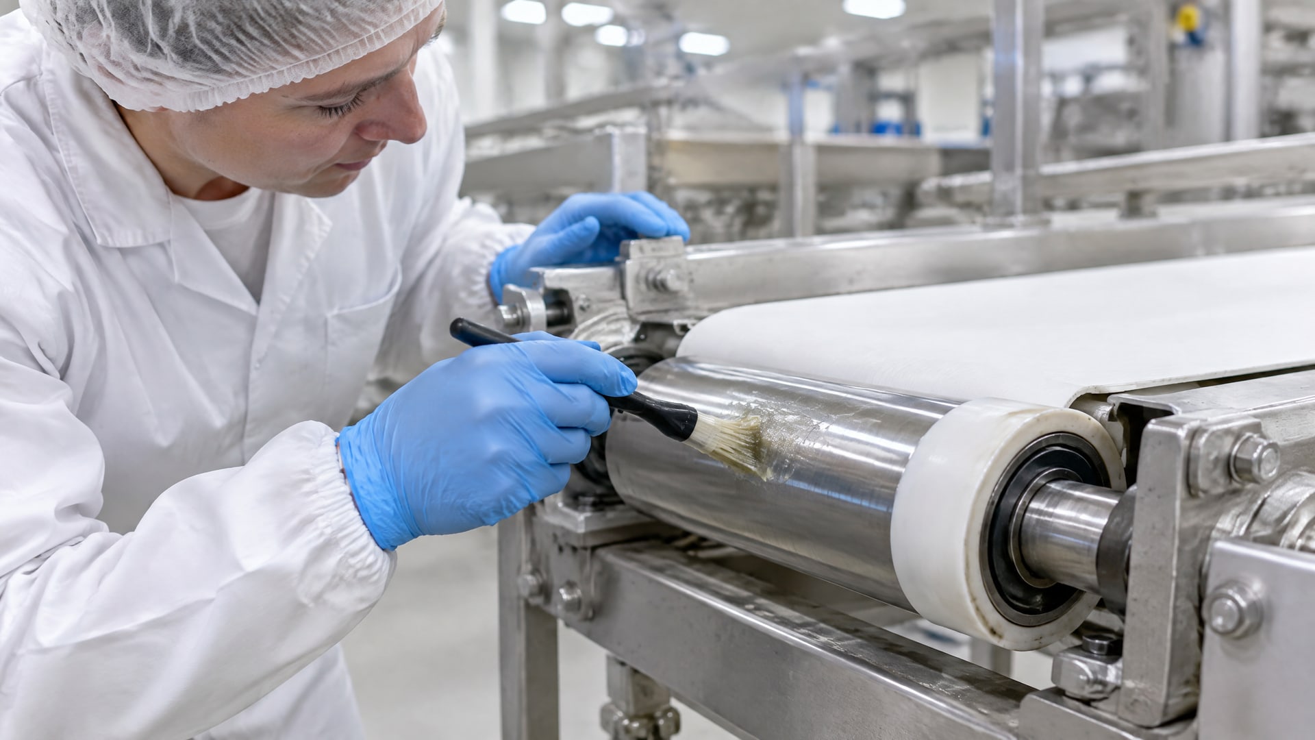 Чистая смазка пищевая nsf h1 наносится на ролик конвейера в цеху для проверки соответствия ISO 21469.