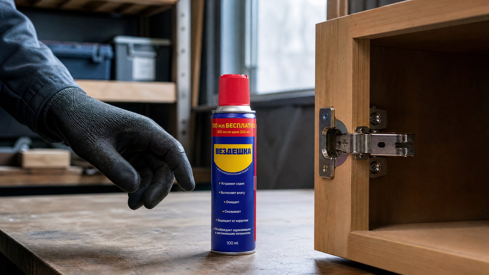 Рука в перчатке наносит универсальную смазку WD40 на дверцу шкафа.