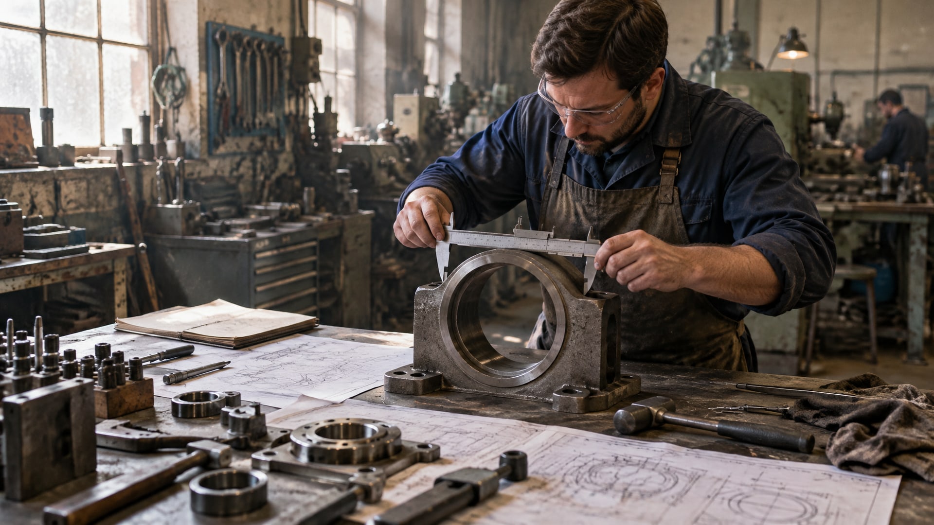 Техник измеряет диаметр корпуса подшипника штангенциркулем в мастерской, выполняя ремонт посадочного места подшипника. Техник измеряет диаметр корпуса подшипника штангенциркулем в мастерской, выполняя ремонт посадочного места подшипника.