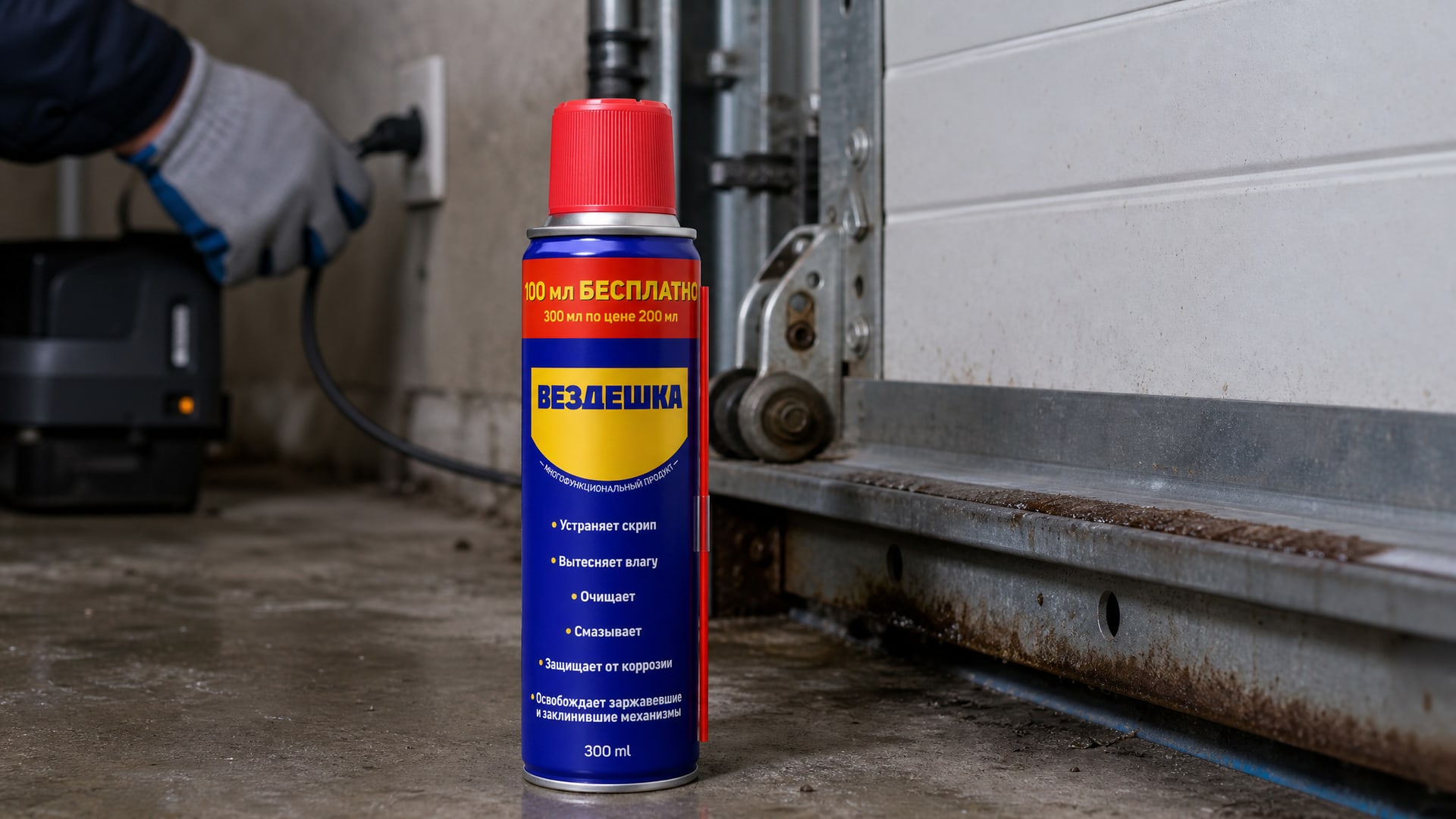 Рука в перчатке наносит универсальную смазку WD40 на механизм ворот.