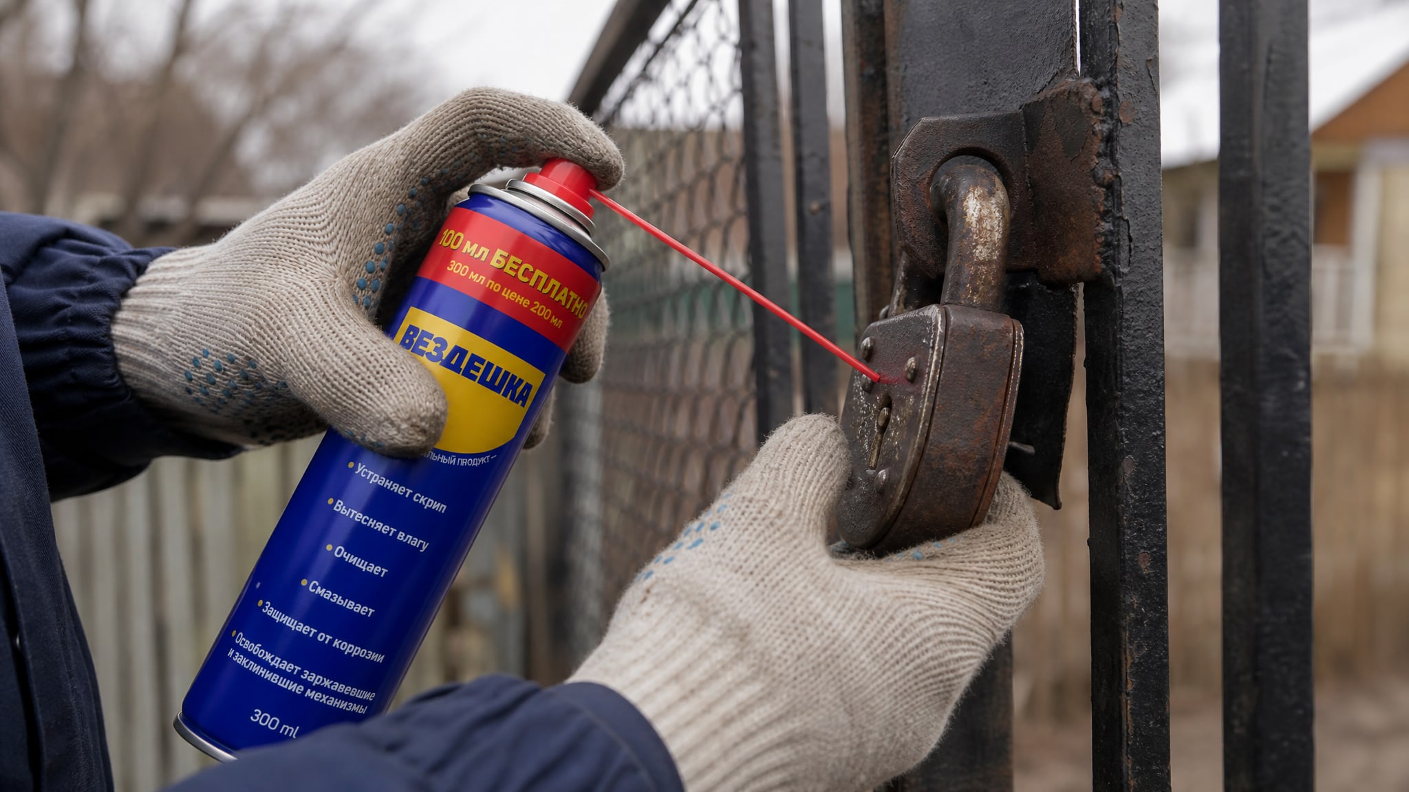 Рука в перчатке наносит универсальную смазку wd-40 на замок.