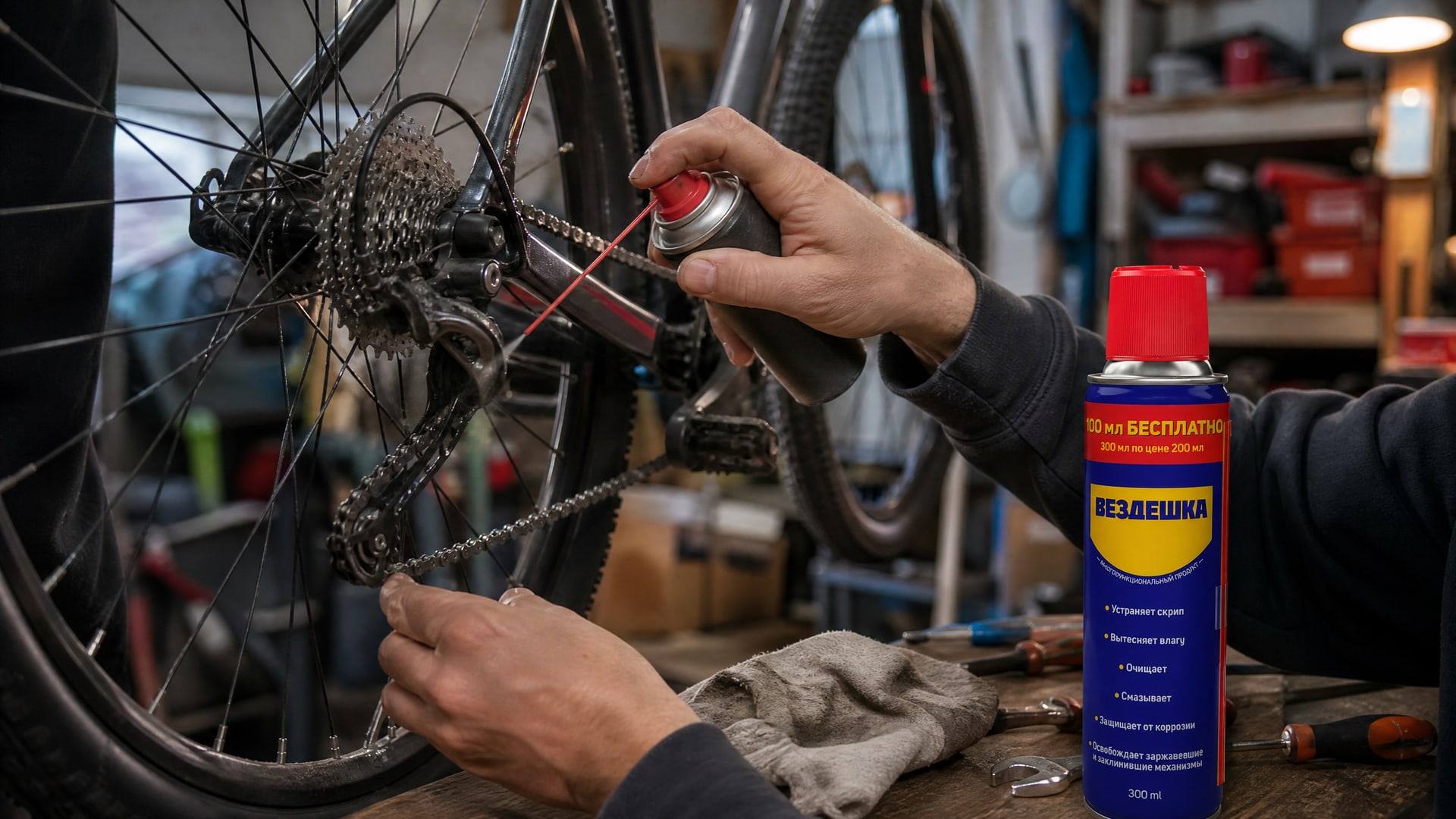 Рука в перчатке наносит универсальную смазку WD40 на цепь велосипеда.