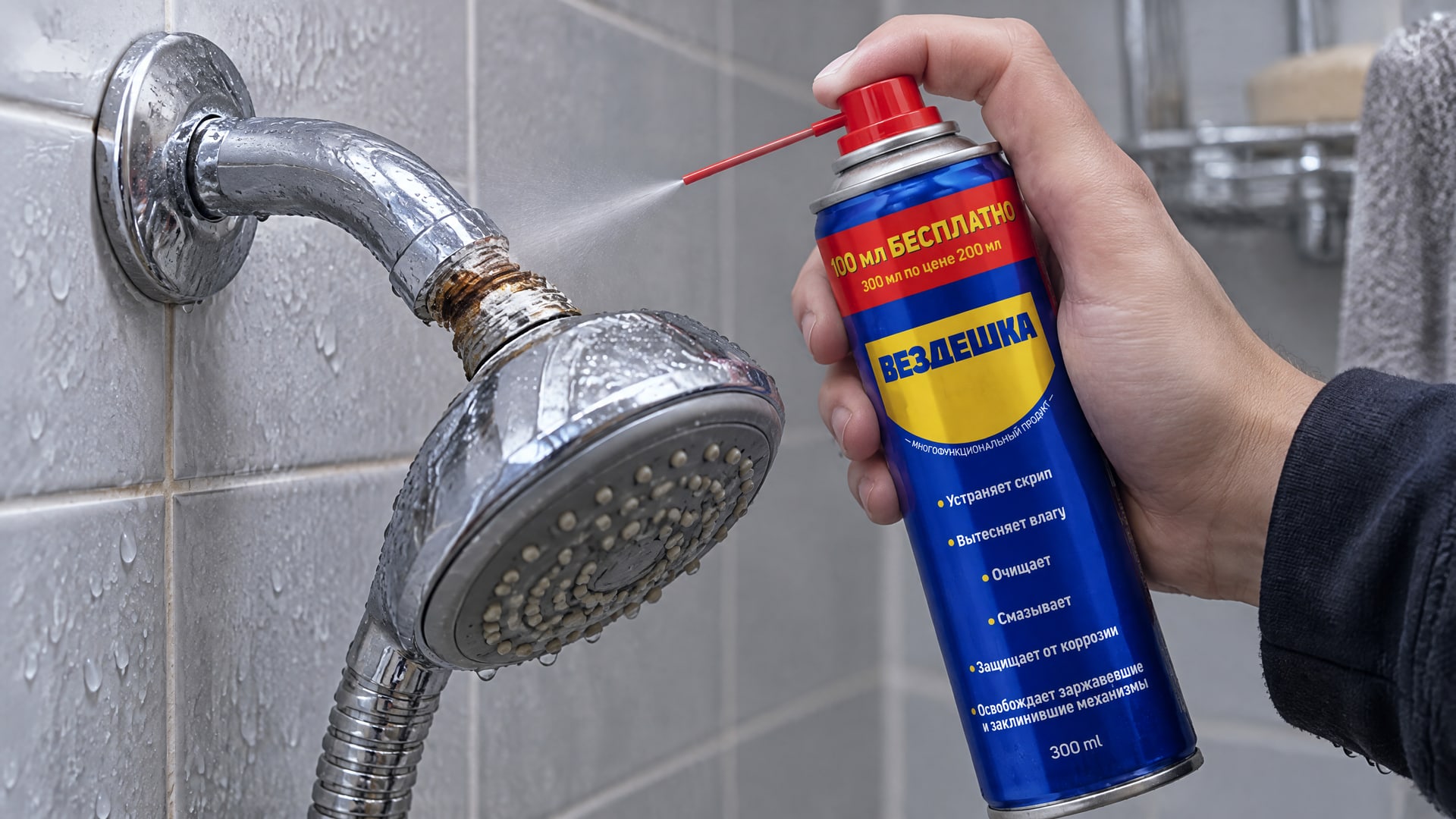 Рука в перчатке наносит универсальную смазку wd-40.
